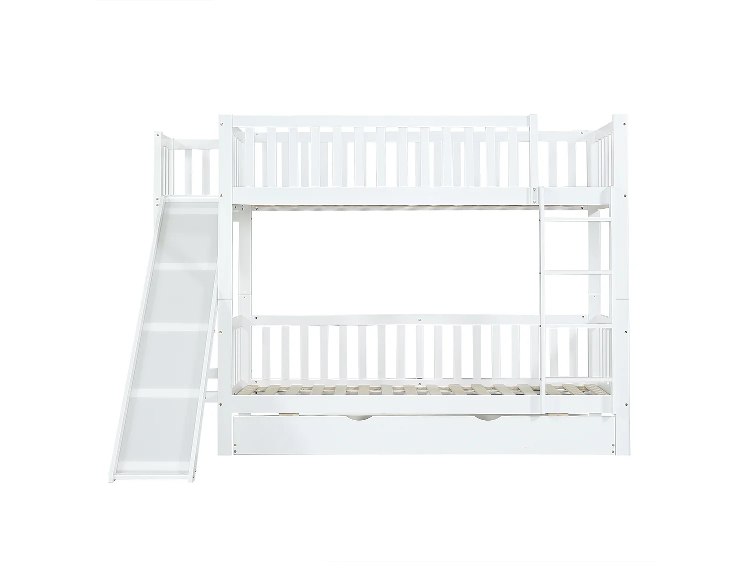 Stapelbed met uitschuifbed 90x200/190 cm wit, uitvalbeveiliging, glijbaan, planken, rechte ladder met 4 treden, grenenhout + MDF
