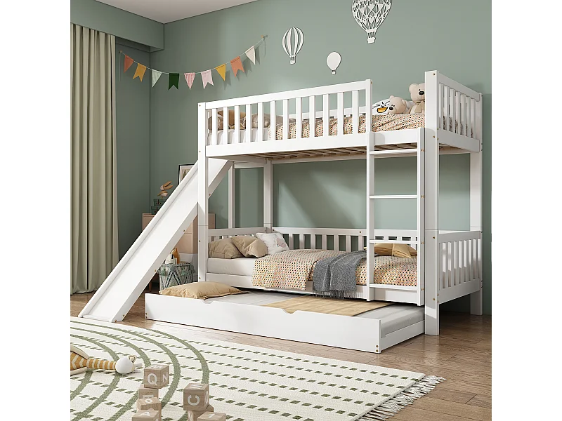 Stapelbed met uitschuifbed 90x200/190 cm wit, uitvalbeveiliging, glijbaan, planken, rechte ladder met 4 treden, grenenhout + MDF