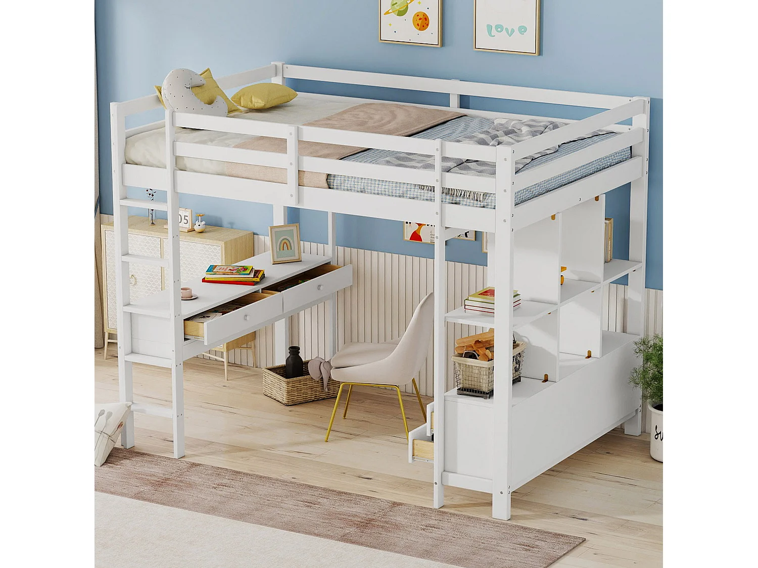 Lit mezzanine 140x200 cm blanc, tiroirs de rangement et bureau escamotable sous le lit, sans matelas