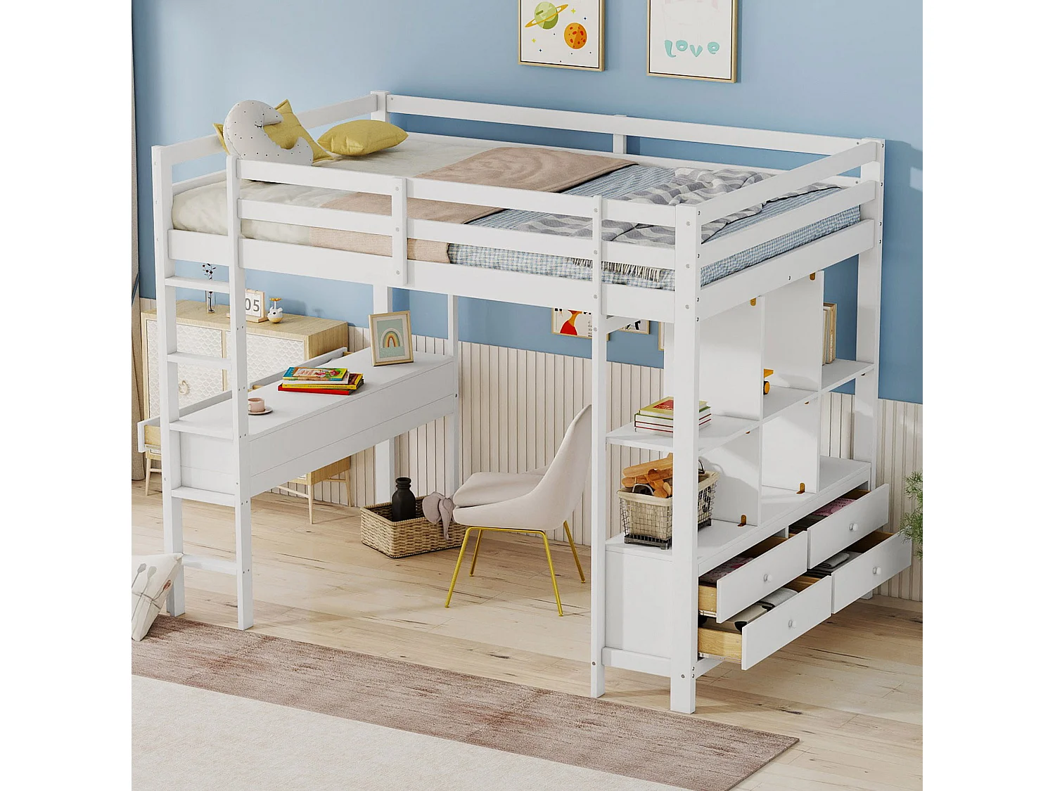 Lit mezzanine 140x200 cm blanc, tiroirs de rangement et bureau escamotable sous le lit, sans matelas