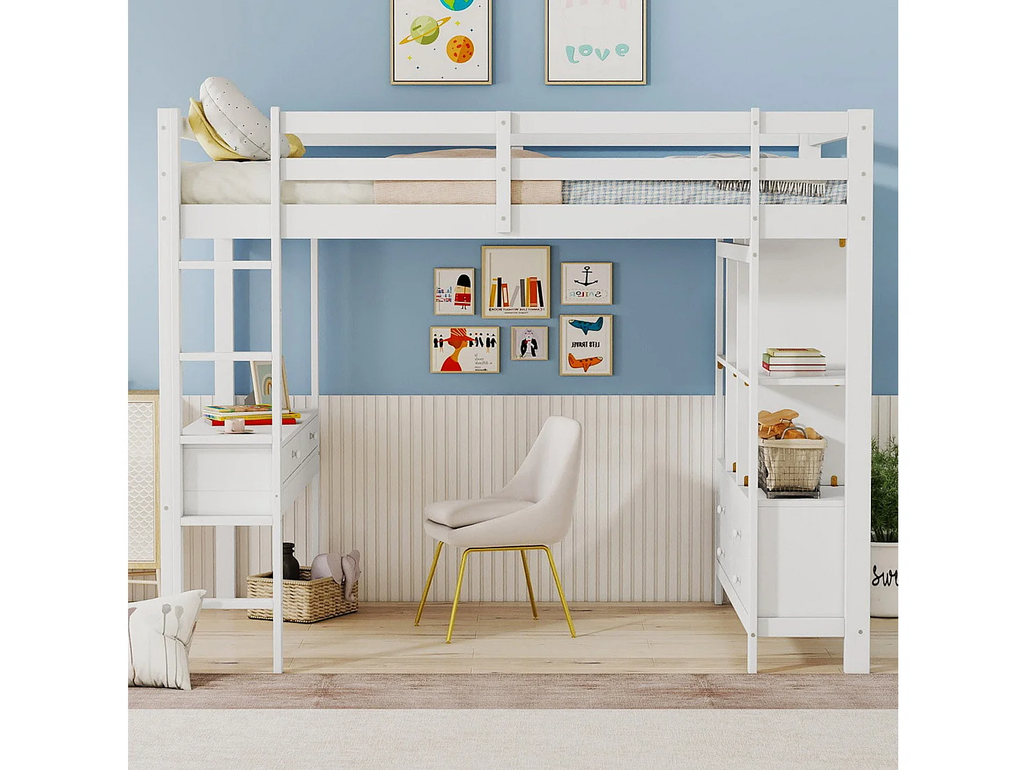 Lit mezzanine 140x200 cm blanc, tiroirs de rangement et bureau escamotable sous le lit, sans matelas