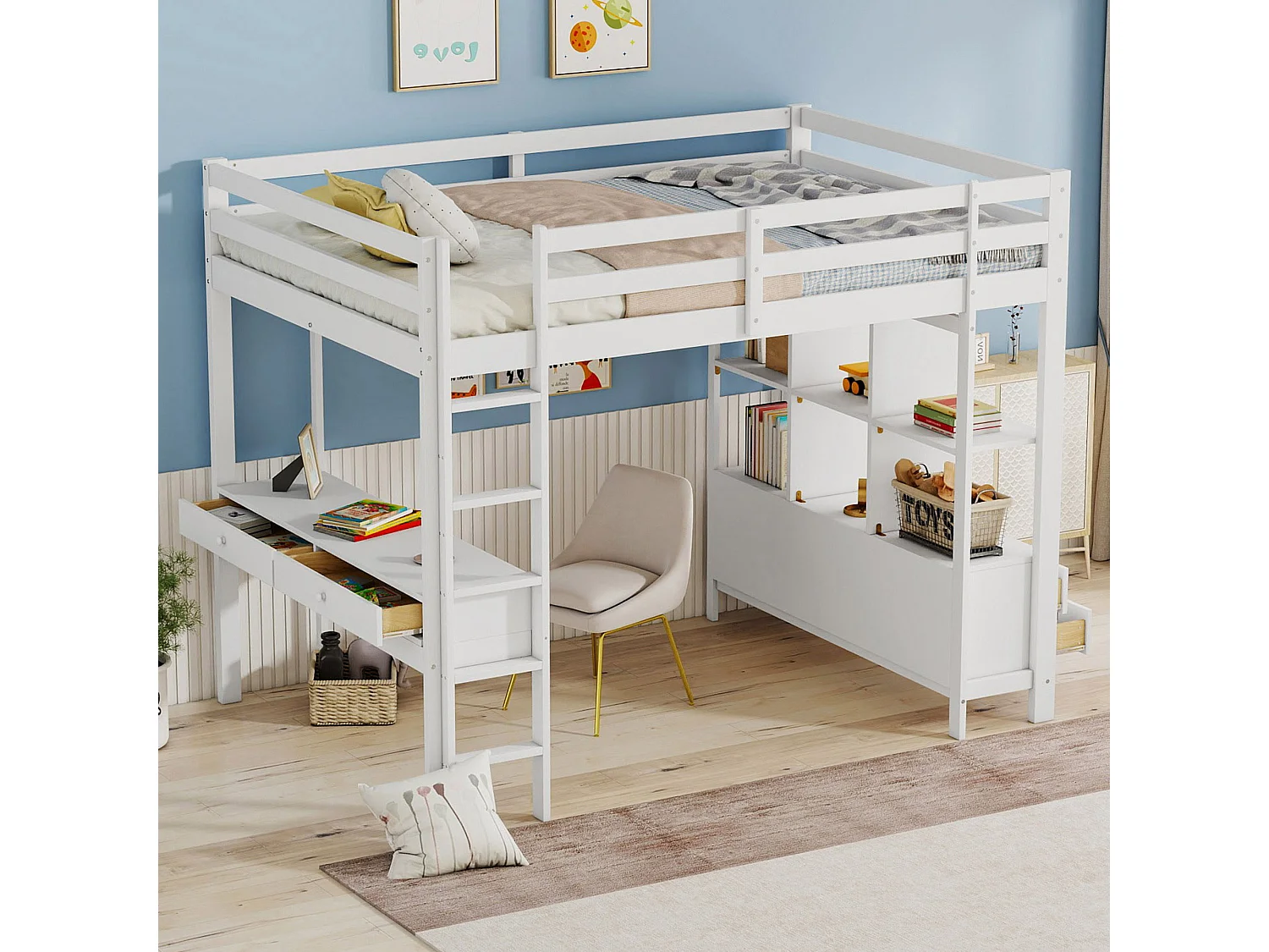 Lit mezzanine 140x200 cm blanc, tiroirs de rangement et bureau escamotable sous le lit, sans matelas