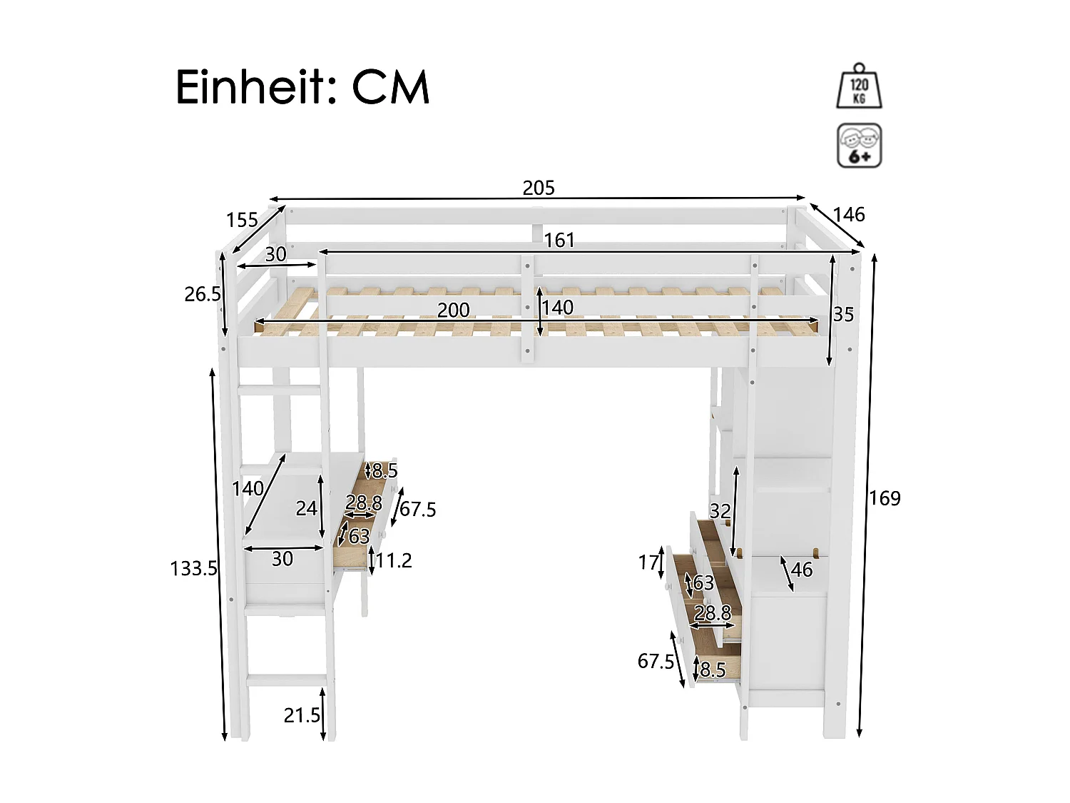 Lit mezzanine 140x200 cm blanc, tiroirs de rangement et bureau escamotable sous le lit, sans matelas