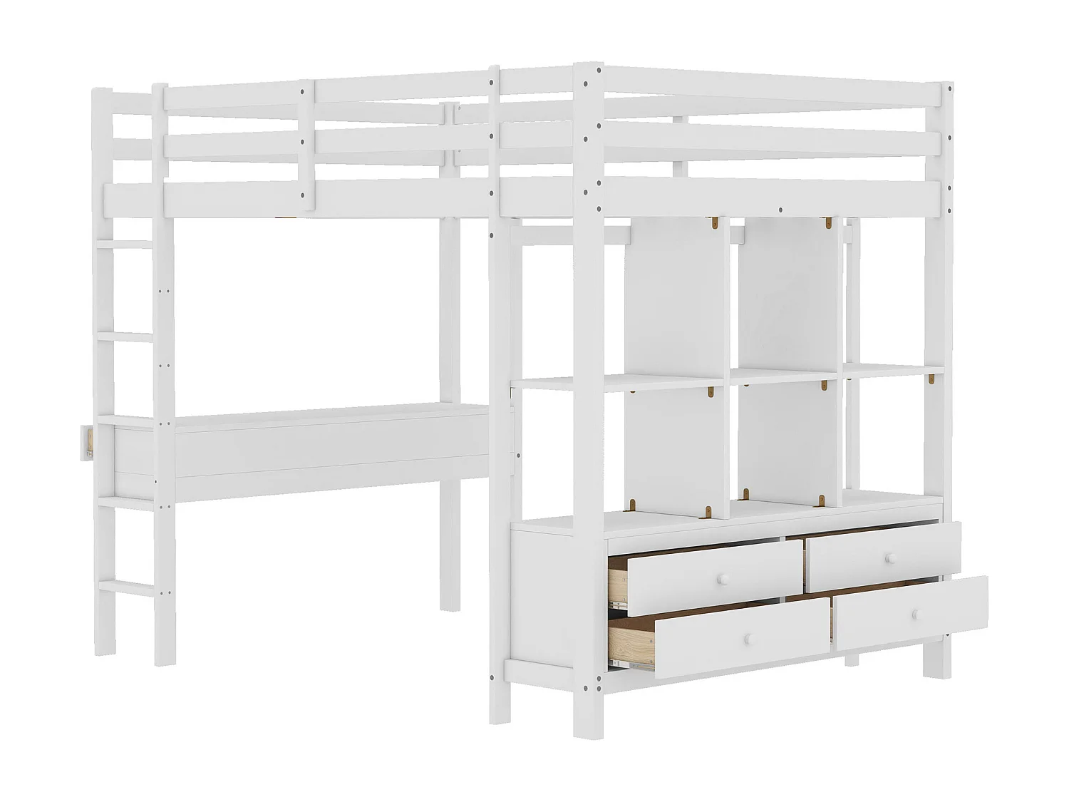 Lit mezzanine 140x200 cm blanc, tiroirs de rangement et bureau escamotable sous le lit, sans matelas