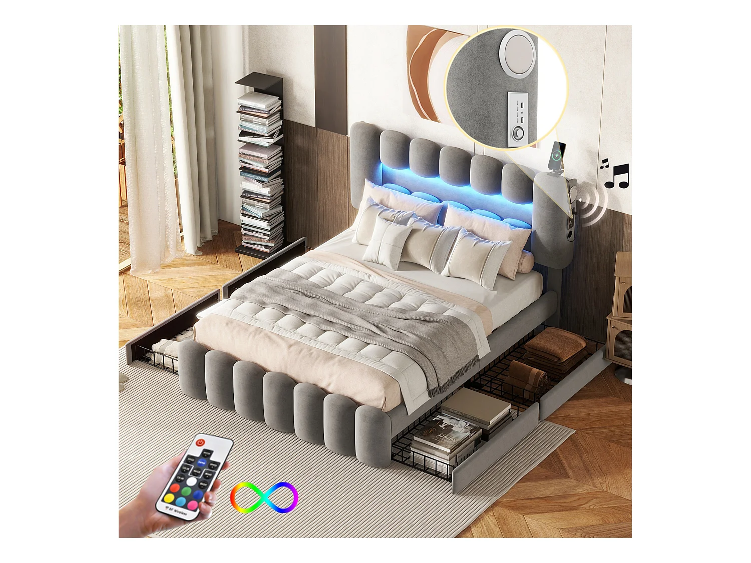 Polsterbett 140x200 cm grau, mit 4 Schubladen, LED-Beleuchtung, USB-Anschluss und integrierter Stereoanlage