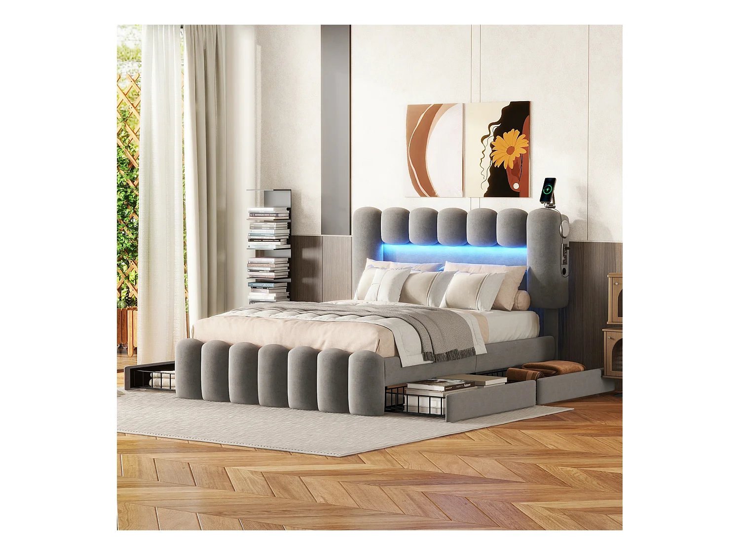 Polsterbett 140x200 cm grau, mit 4 Schubladen, LED-Beleuchtung, USB-Anschluss und integrierter Stereoanlage