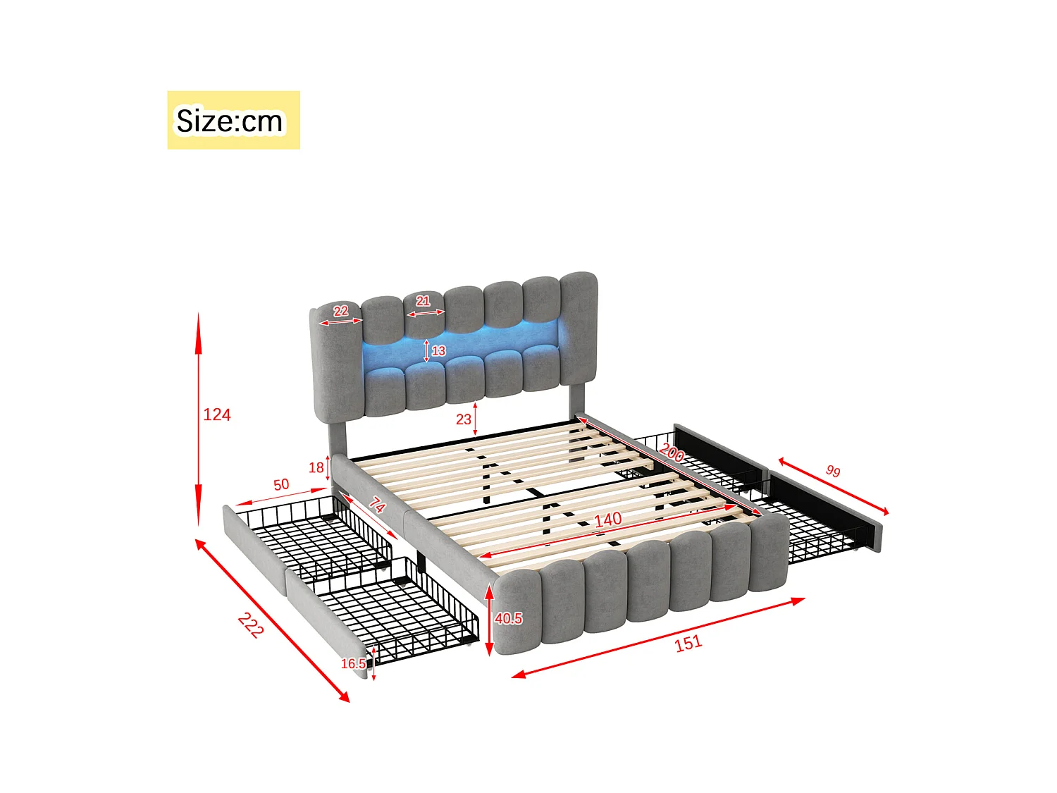 Polsterbett 140x200 cm grau, mit 4 Schubladen, LED-Beleuchtung, USB-Anschluss und integrierter Stereoanlage