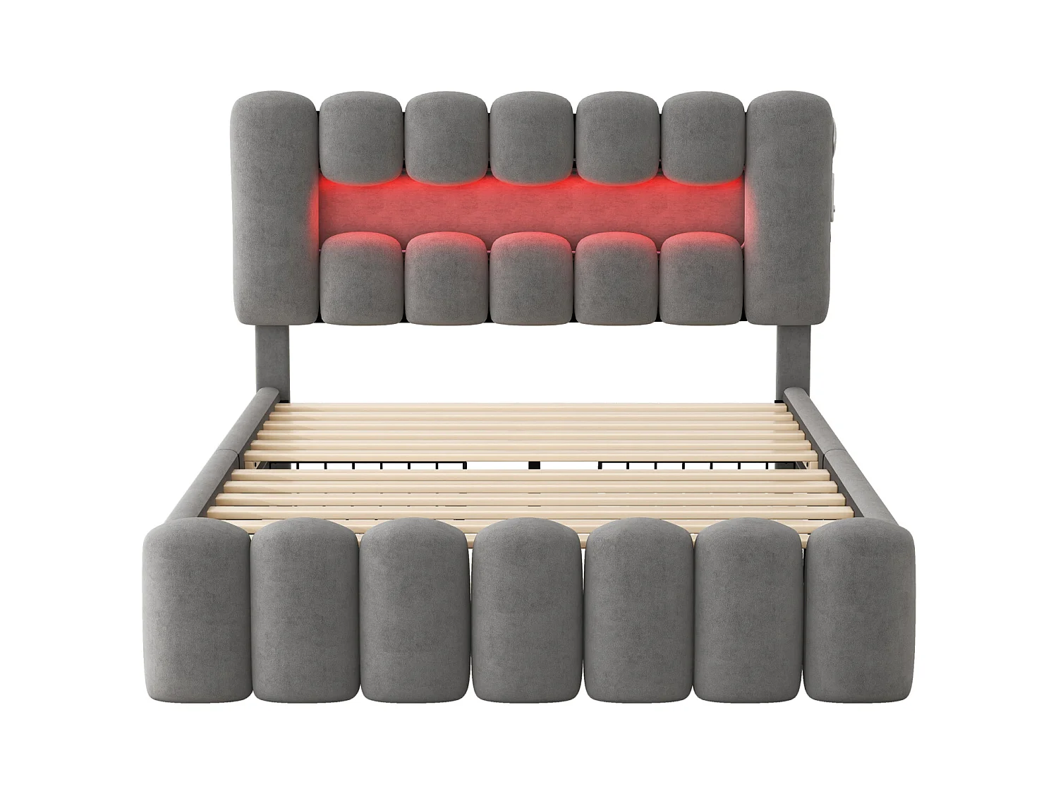 Polsterbett 140x200 cm grau, mit 4 Schubladen, LED-Beleuchtung, USB-Anschluss und integrierter Stereoanlage