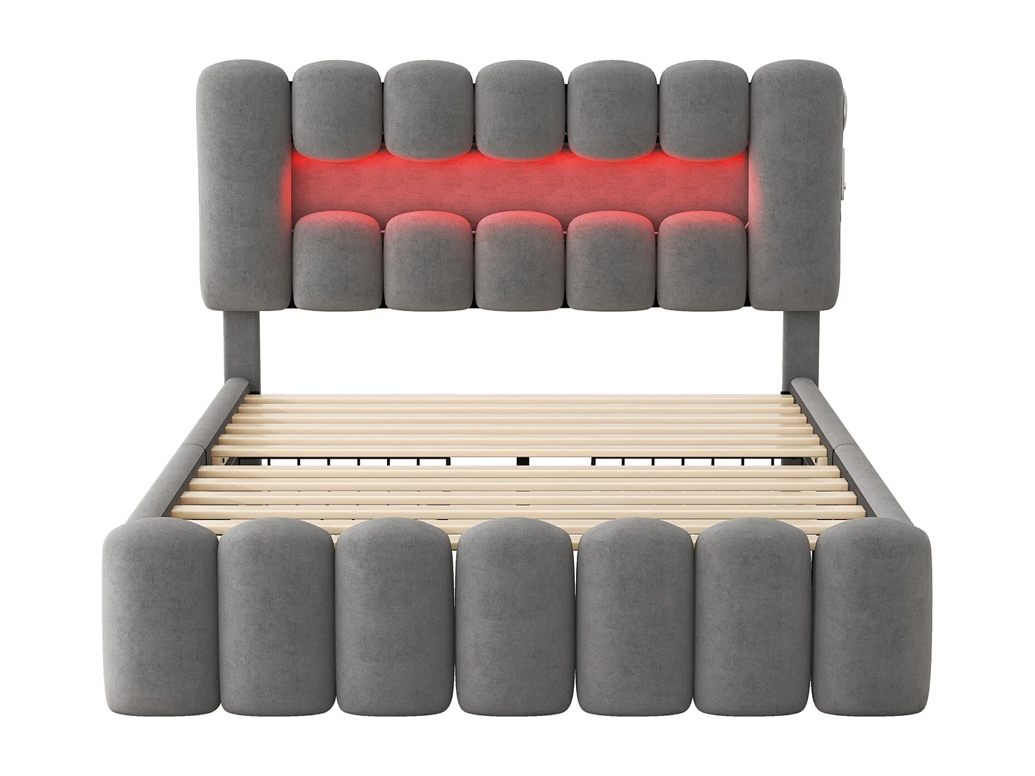 Polsterbett 140x200 cm grau, mit 4 Schubladen, LED-Beleuchtung, USB-Anschluss und integrierter Stereoanlage