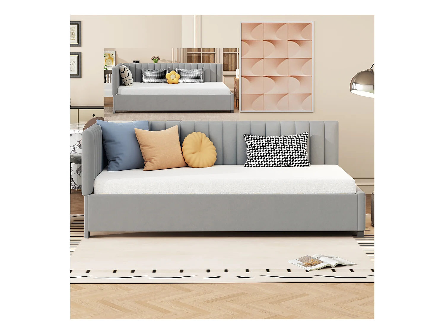 Gestoffeerde slaapbank 90x200 cm multifunctioneel met lattenbodem, grijs fluweel, huidvriendelijke stof