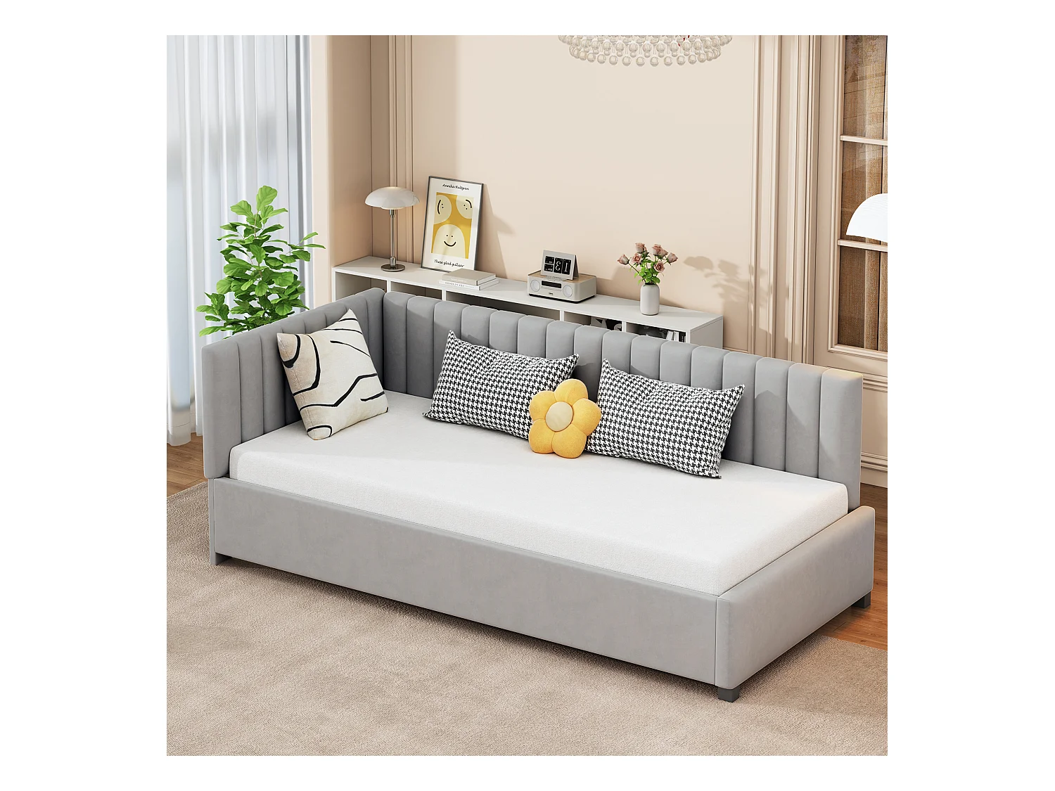 Gestoffeerde slaapbank 90x200 cm multifunctioneel met lattenbodem, grijs fluweel, huidvriendelijke stof