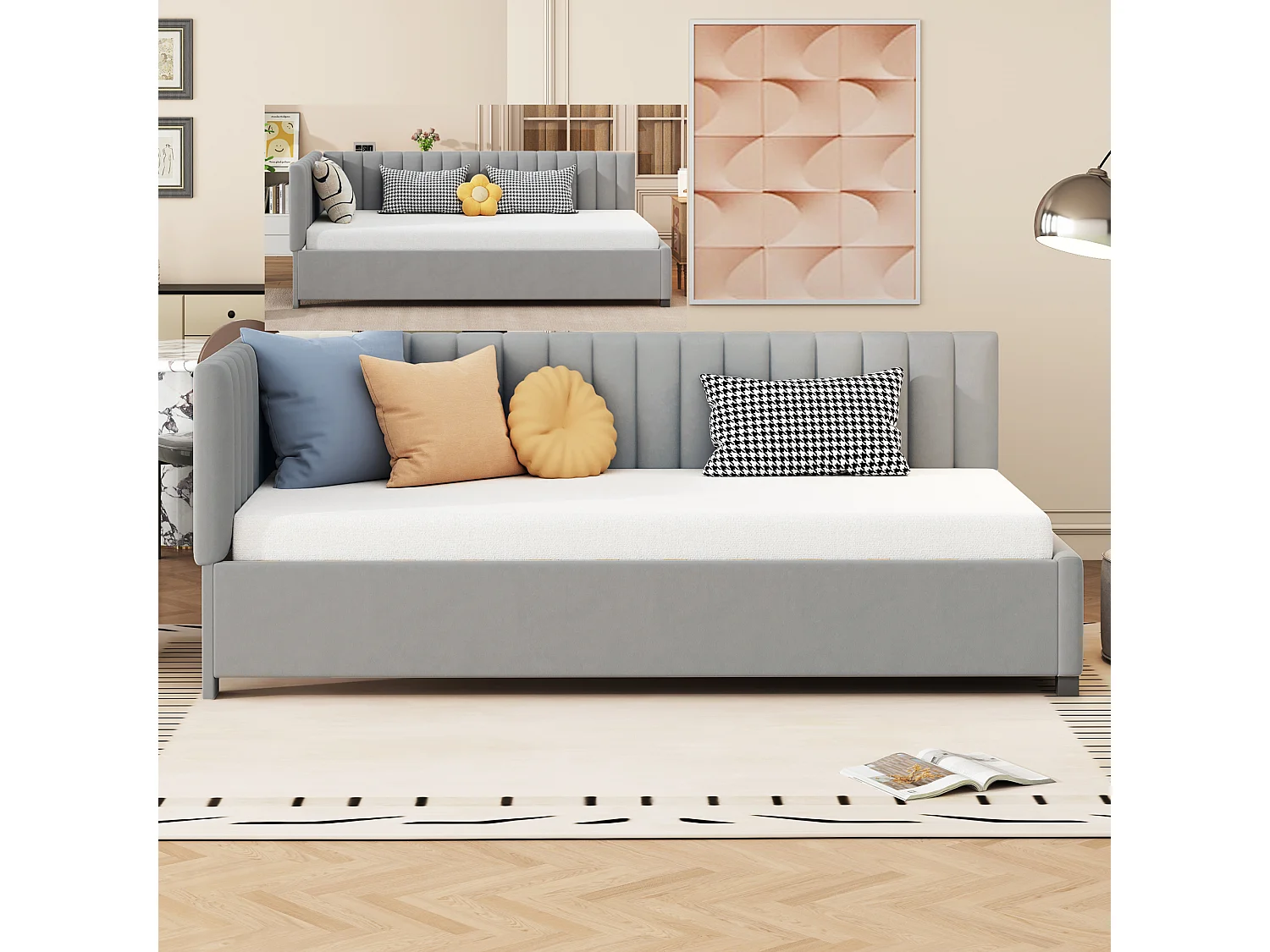 Sofá-cama estofado 90x200 cm multifuncional com base de ripas, veludo cinza, tecido amigo da pele