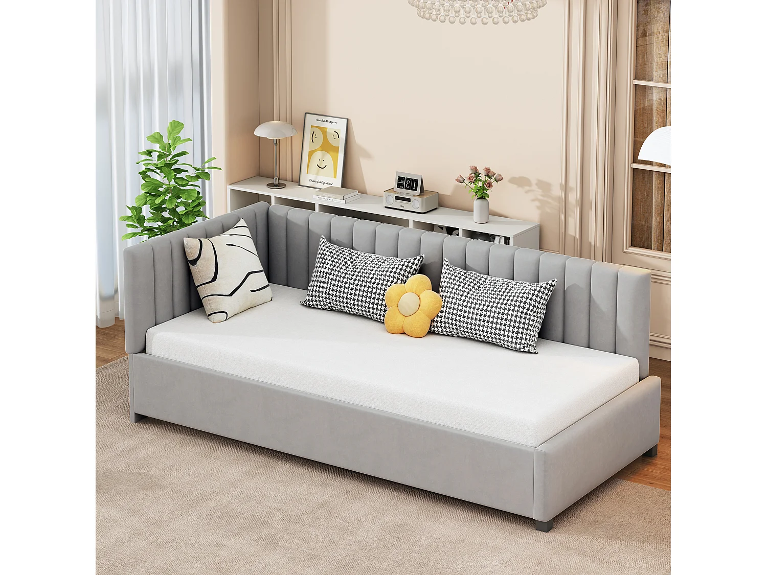 Sofá-cama estofado 90x200 cm multifuncional com base de ripas, veludo cinza, tecido amigo da pele