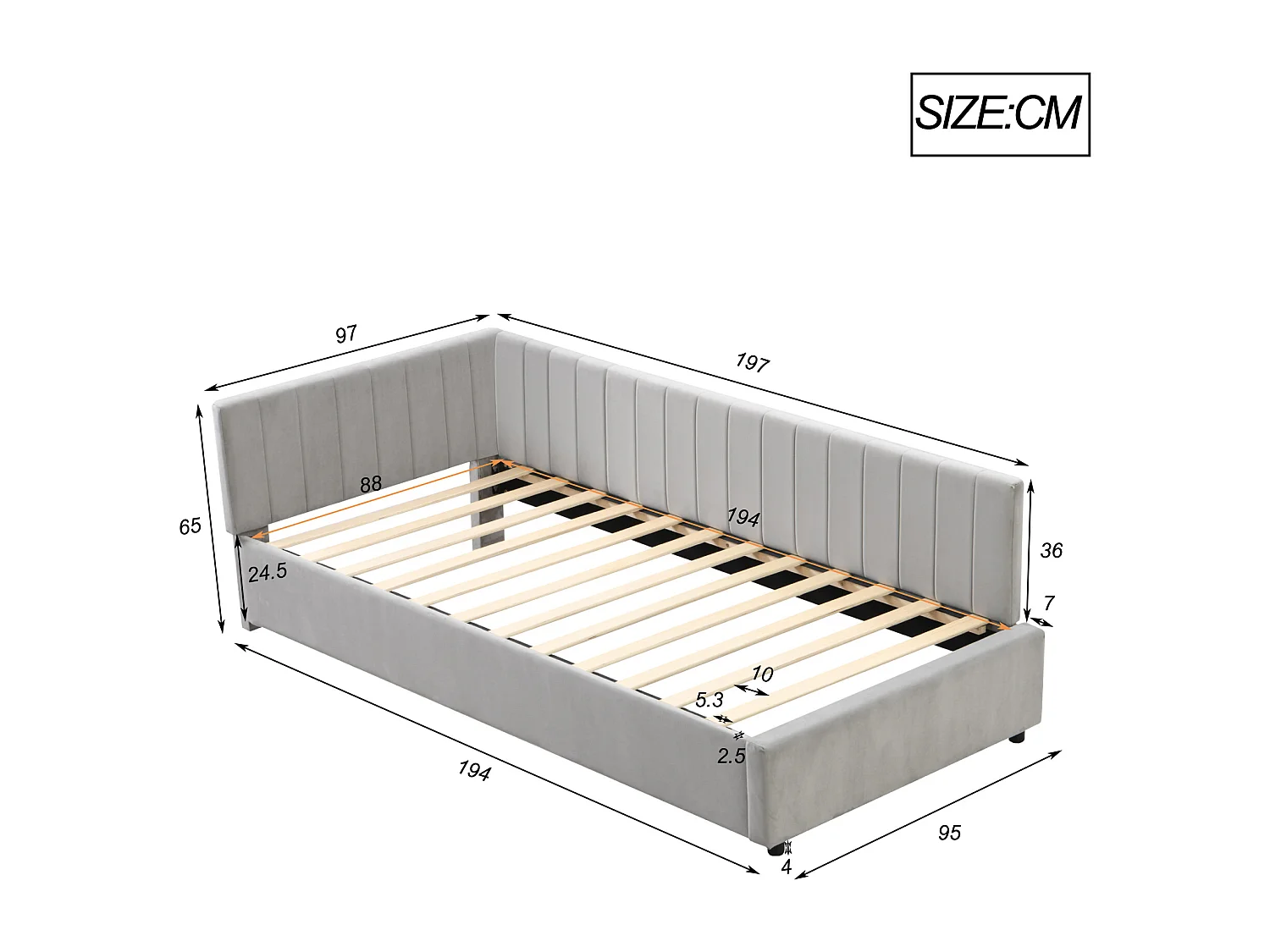 Sofá-cama estofado 90x200 cm multifuncional com base de ripas, veludo cinza, tecido amigo da pele