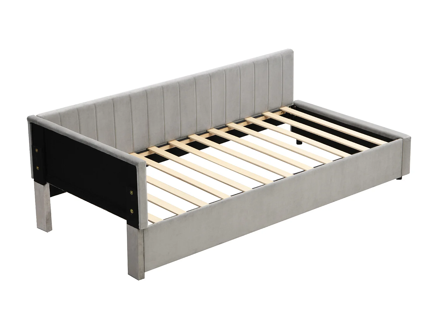 Sofá-cama estofado 90x200 cm multifuncional com base de ripas, veludo cinza, tecido amigo da pele