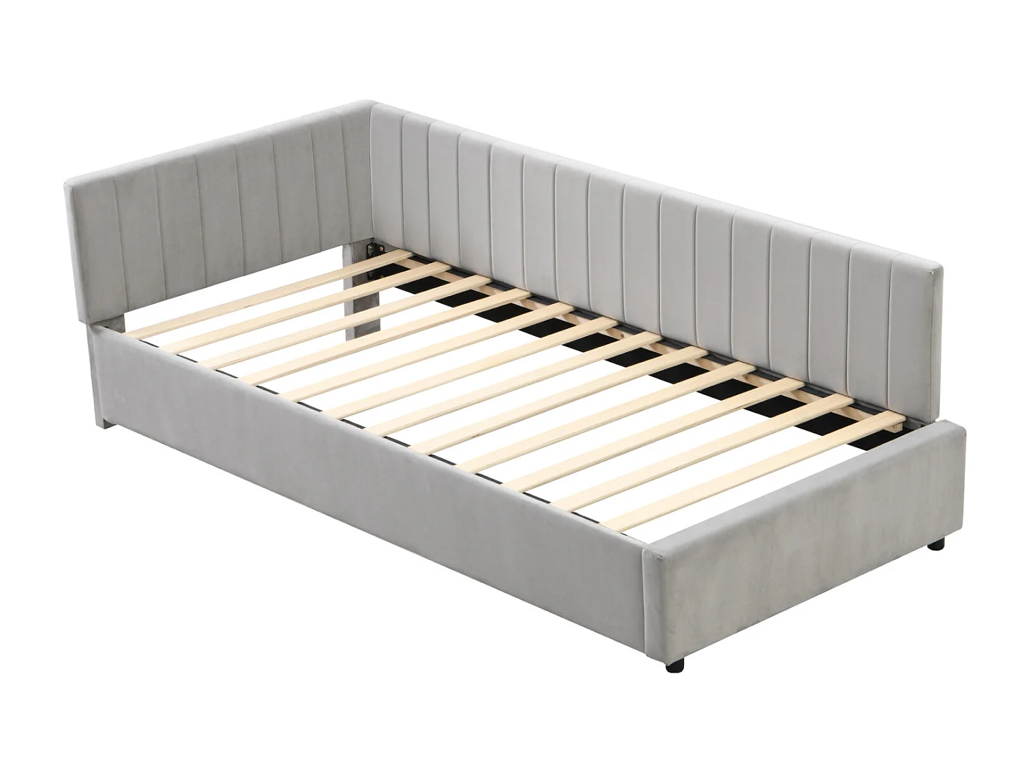 Sofá-cama estofado 90x200 cm multifuncional com base de ripas, veludo cinza, tecido amigo da pele