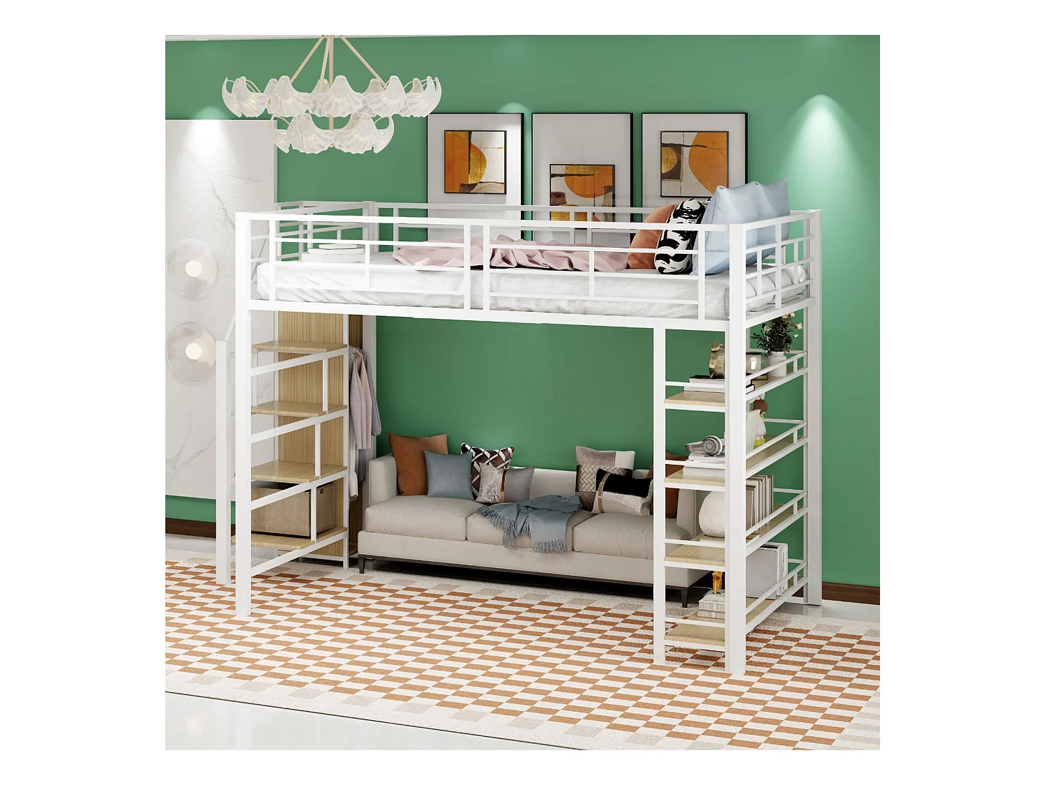 Hochbett 140x200 cm mit Sicherheitstreppe, Stauraum, kleiner Schrank, integrierte Regale, hohe Barriere-Ausführung, Juniorbett, weiß