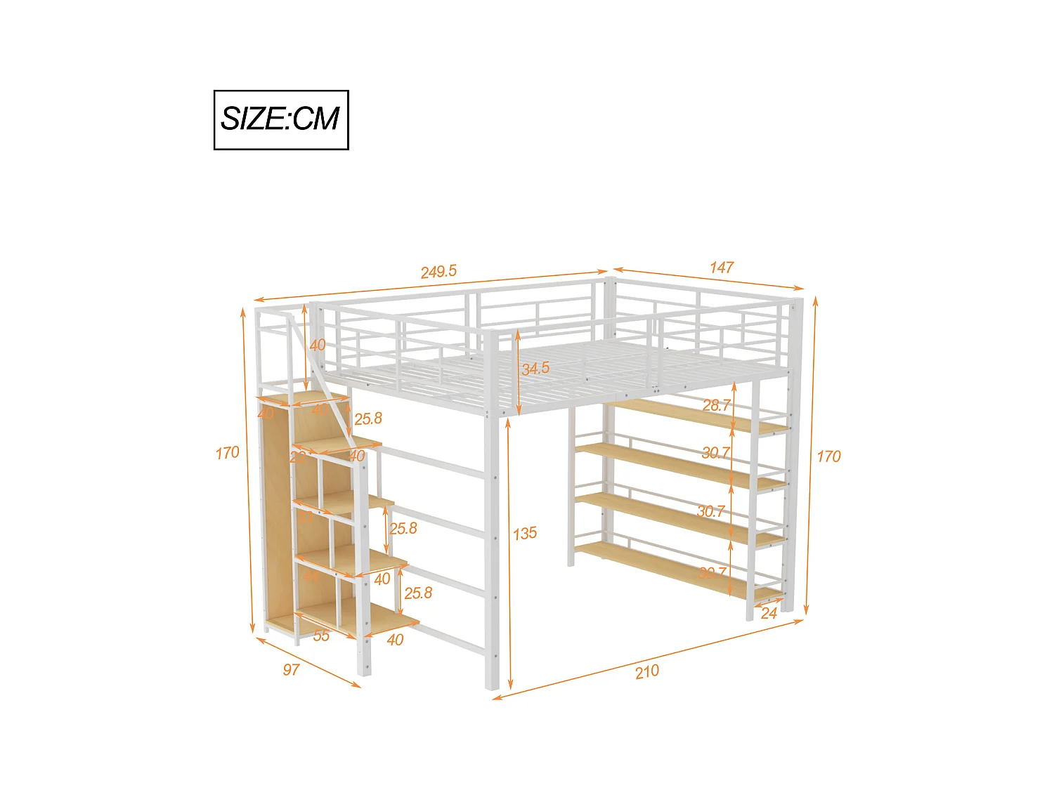 Hochbett 140x200 cm mit Sicherheitstreppe, Stauraum, kleiner Schrank, integrierte Regale, hohe Barriere-Ausführung, Juniorbett, weiß
