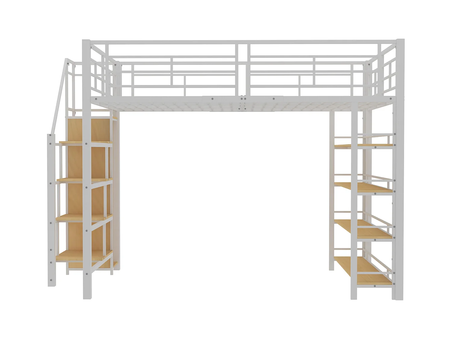 Hochbett 140x200 cm mit Sicherheitstreppe, Stauraum, kleiner Schrank, integrierte Regale, hohe Barriere-Ausführung, Juniorbett, weiß