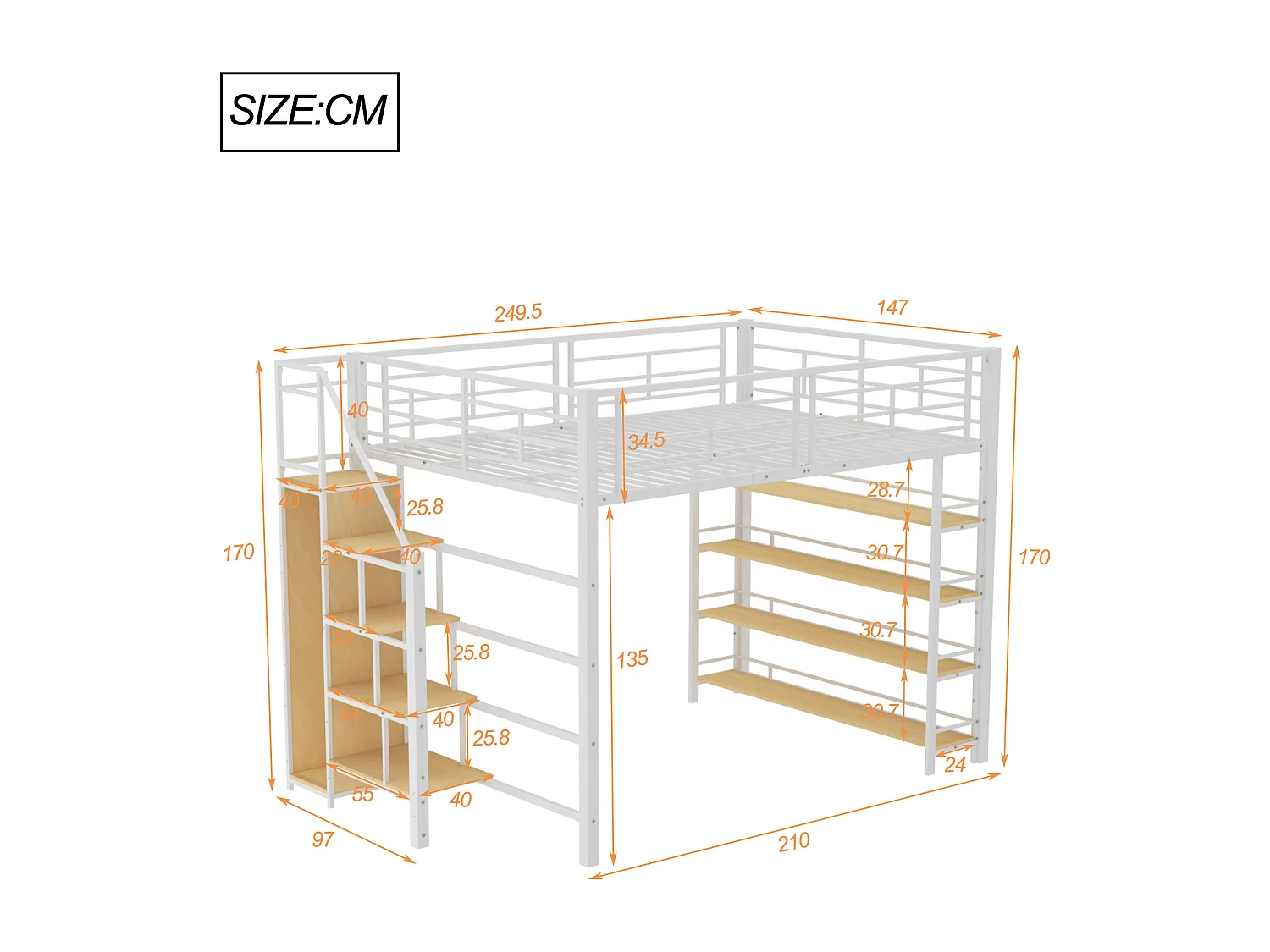 Lit mezzanine 140x200 cm avec escalier de sécurité, espace de rangement, petit placard, étagères intégrées, design haute barrière, lit junior, blanc
