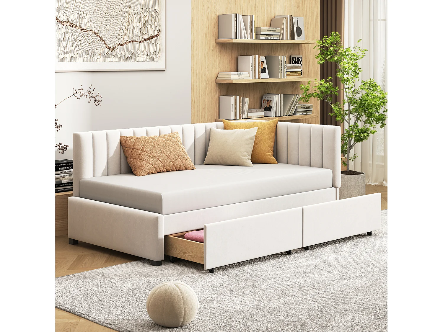 Sofá-cama estofado 90x200 cm bege multifuncional com 2 gavetas grandes e base de ripas