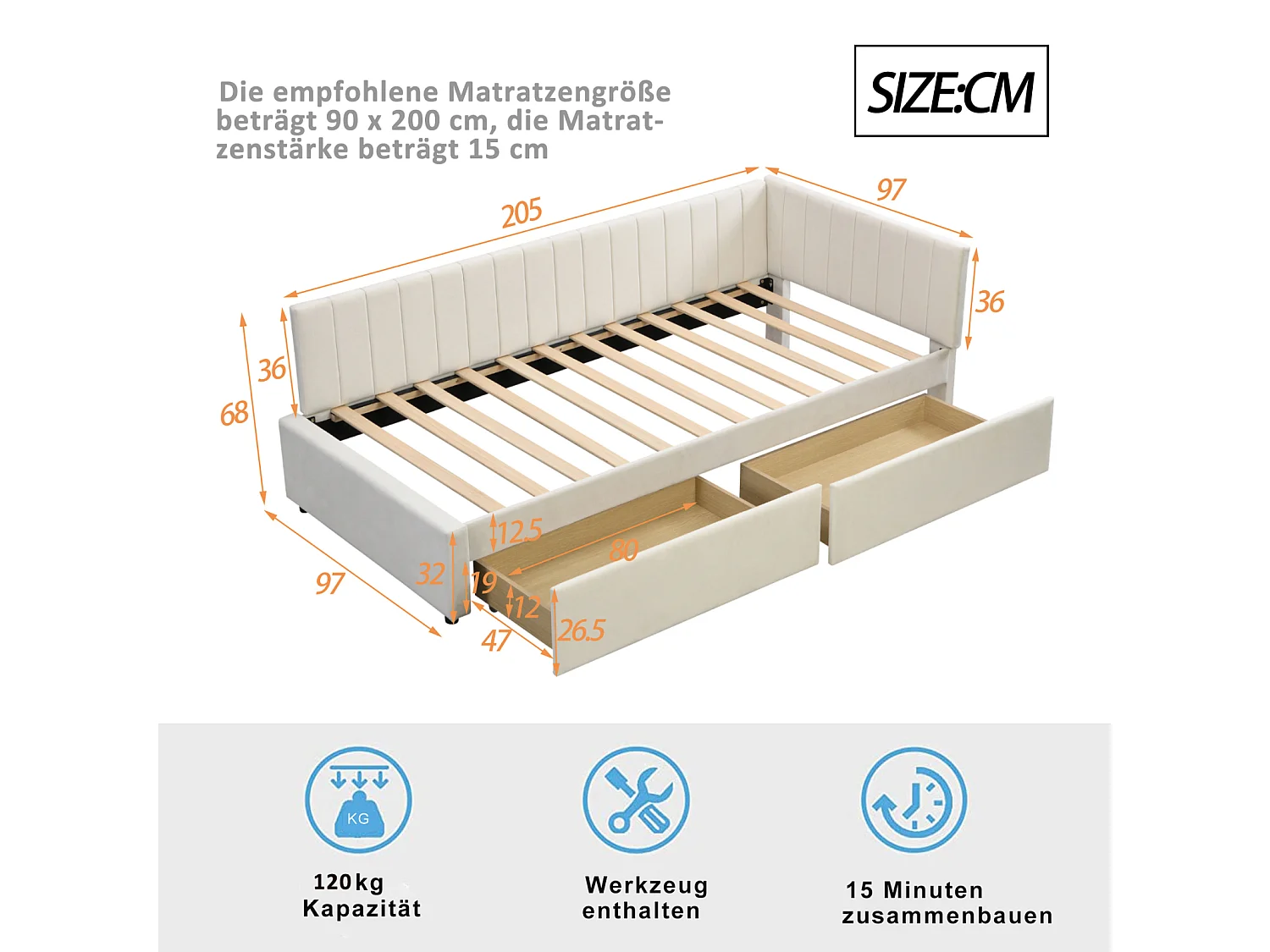 Sofá-cama estofado 90x200 cm bege multifuncional com 2 gavetas grandes e base de ripas