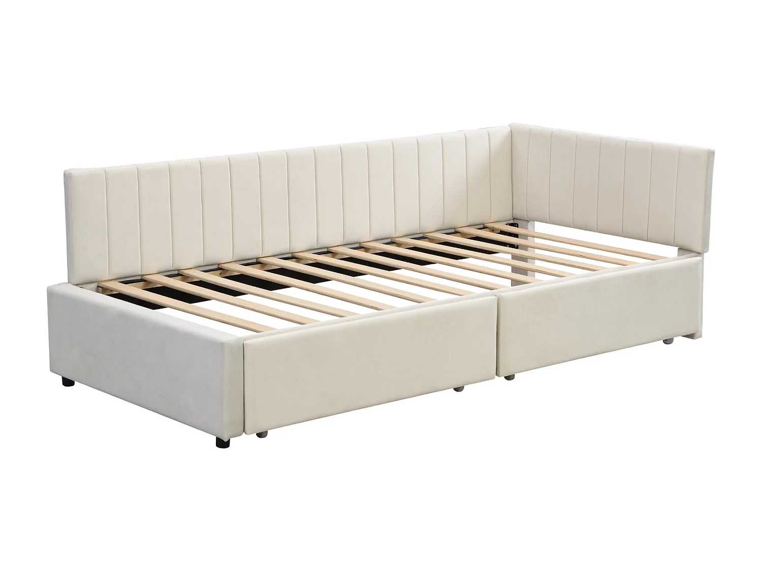 Sofá-cama estofado 90x200 cm bege multifuncional com 2 gavetas grandes e base de ripas