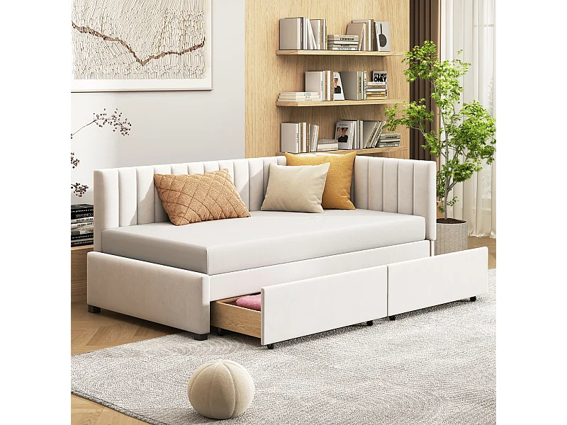 Canapé-lit rembourré 90x200 cm beige multifonction avec 2 grands tiroirs de rangement et sommier à lattes