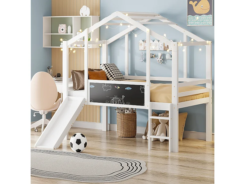 Lit mezzanine enfant 90x200 cm bois massif blanc, design cabane avec toboggan, échelle sécurisée, tableau graffiti multifonction