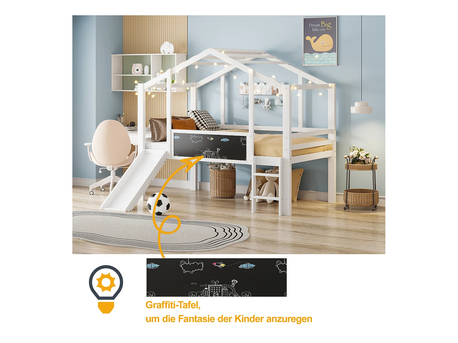 Cama alta infantil 90x200 cm madera maciza blanca, diseño de cabina con tobogán, escalera de seguridad, tablero de grafiti multifuncional