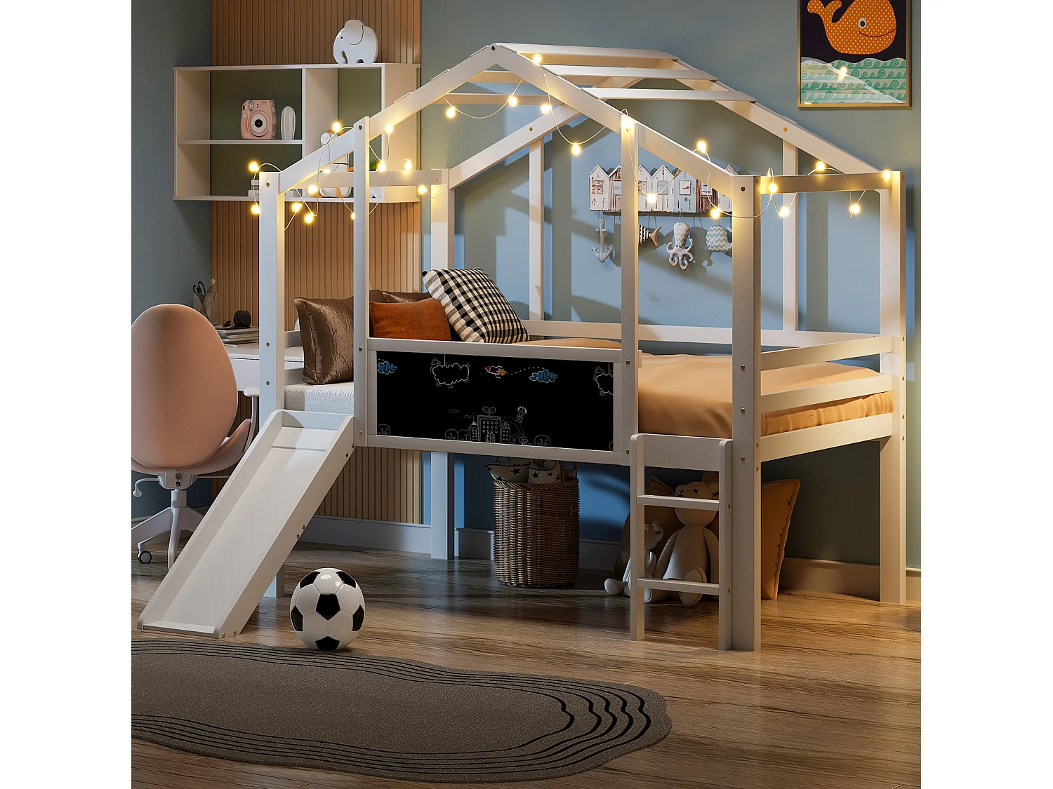 Lit mezzanine enfant 90x200 cm bois massif blanc, design cabane avec toboggan, échelle sécurisée, tableau graffiti multifonction