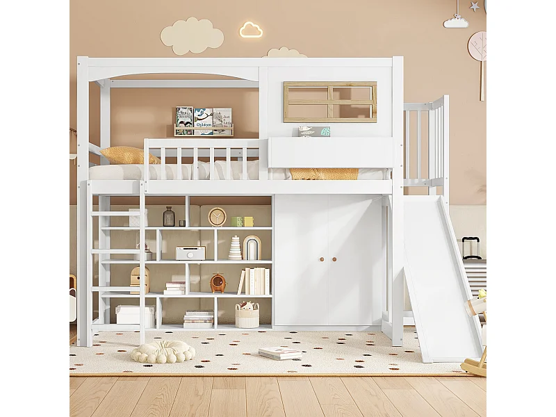Litera infantil 90x200 cm blanca con barandillas de seguridad, tobogán, armario empotrado, amplio espacio de almacenaje, escalera de 4 peldaños