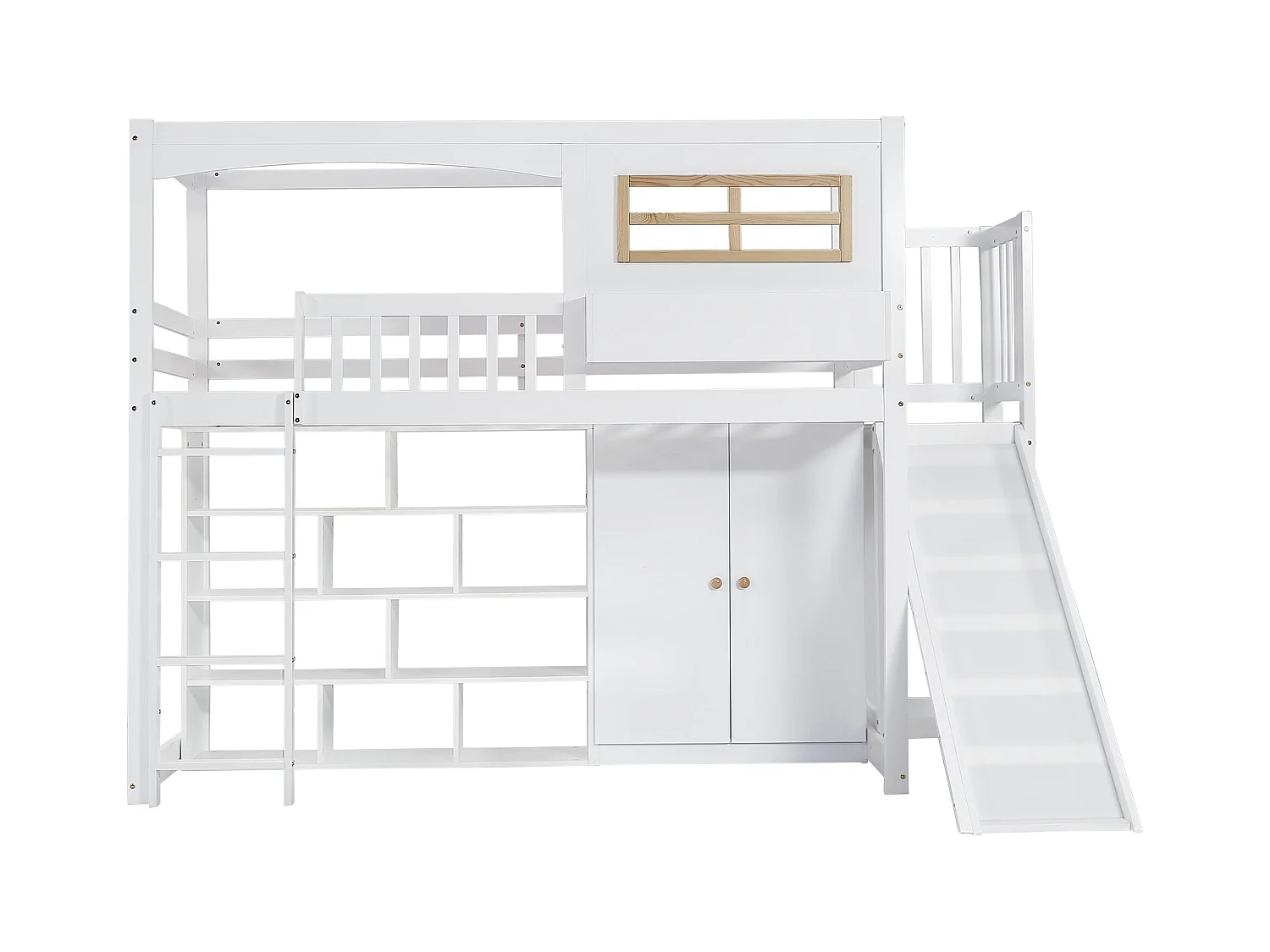 Litera infantil 90x200 cm blanca con barandillas de seguridad, tobogán, armario empotrado, amplio espacio de almacenaje, escalera de 4 peldaños