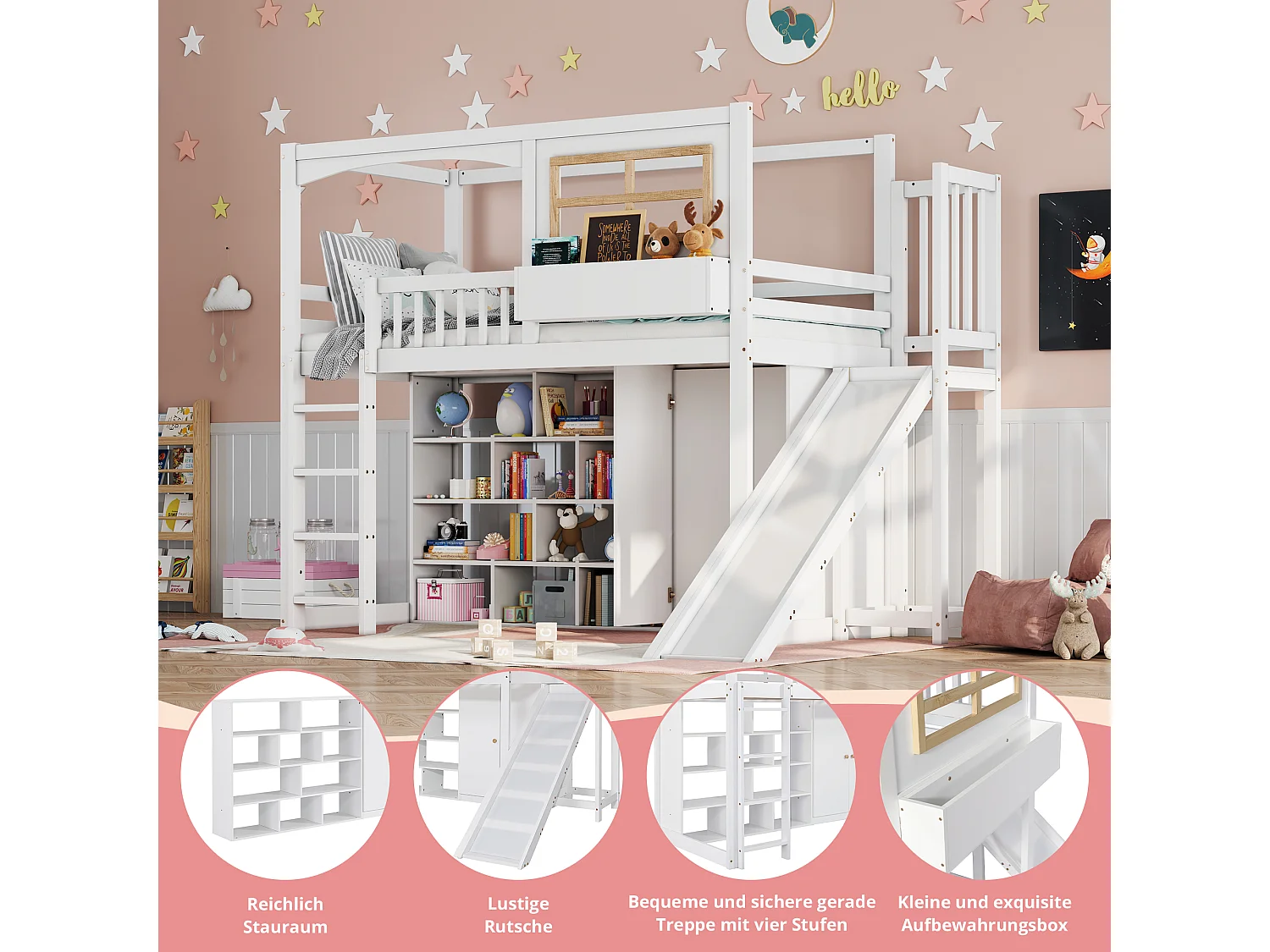 Lit superposé enfant 90x200 cm blanc avec barrières de sécurité, toboggan, armoire intégrée, nombreux rangements, échelle 4 marches, bois de pin + MDF