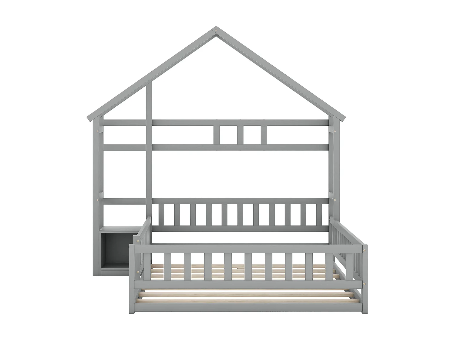 Lit enfant 140x200 cm, lit plat avec barrières, lit cabane avec table de chevet intégrée, gris