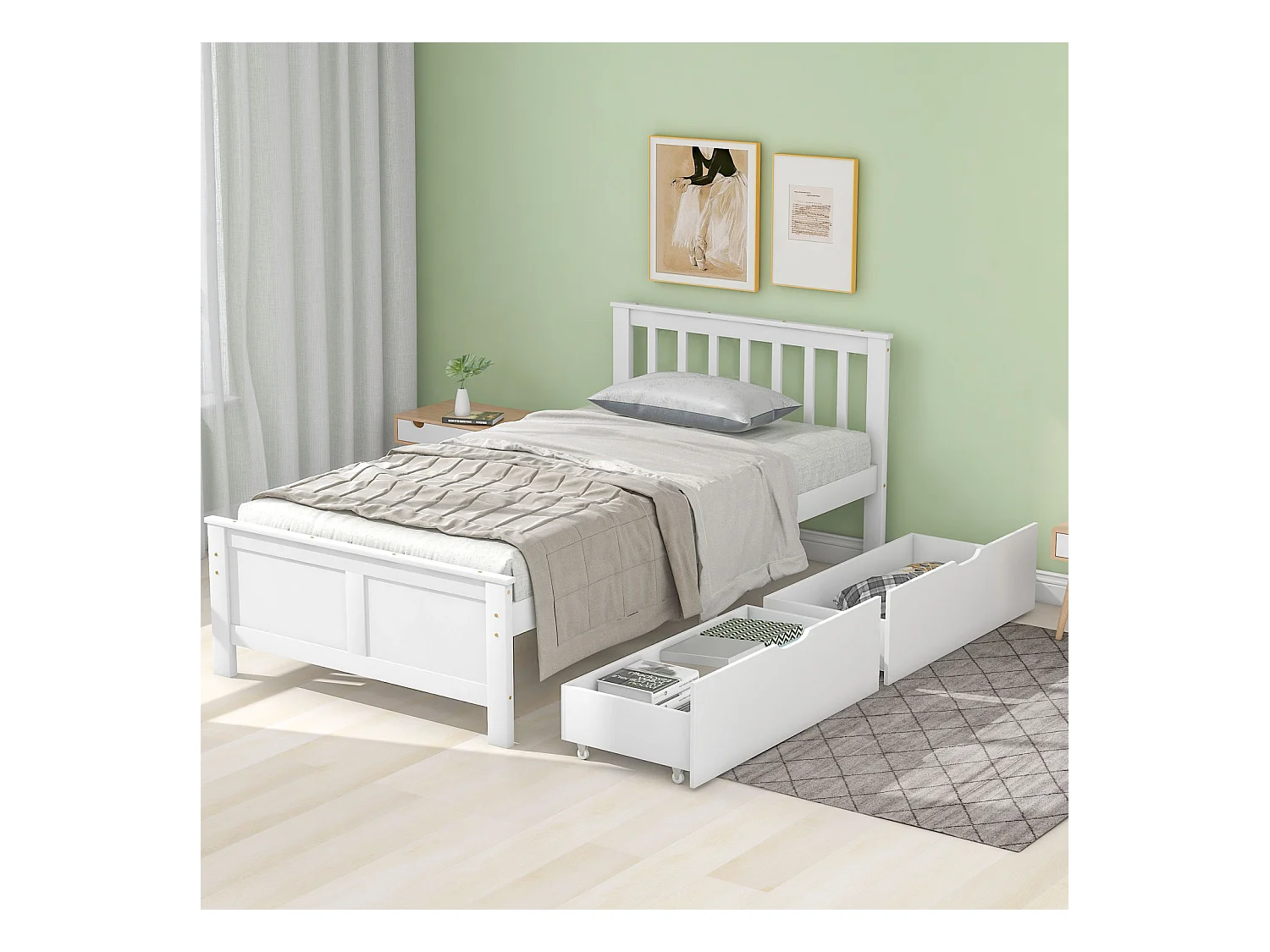 Cama individual de madera de pino blanco de 90x200 cm con cajones de almacenaje, cama infantil y para adultos, estructura robusta