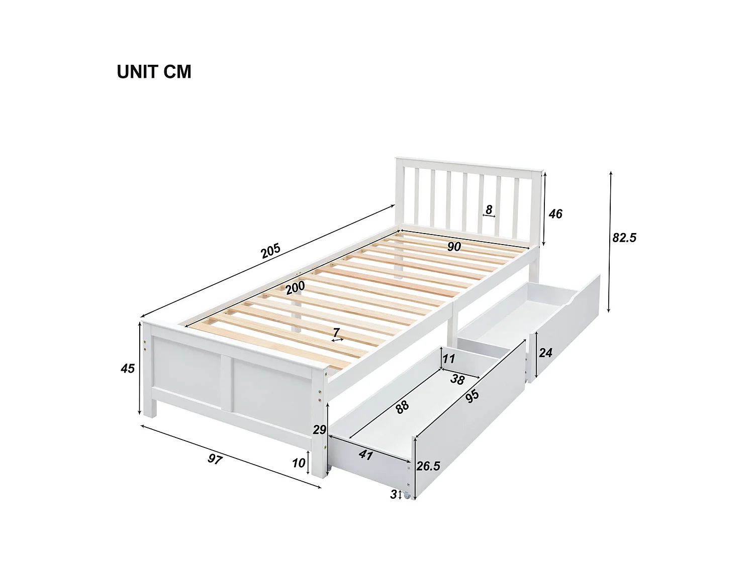 Cama individual de madera de pino blanco de 90x200 cm con cajones de almacenaje, cama infantil y para adultos, estructura robusta