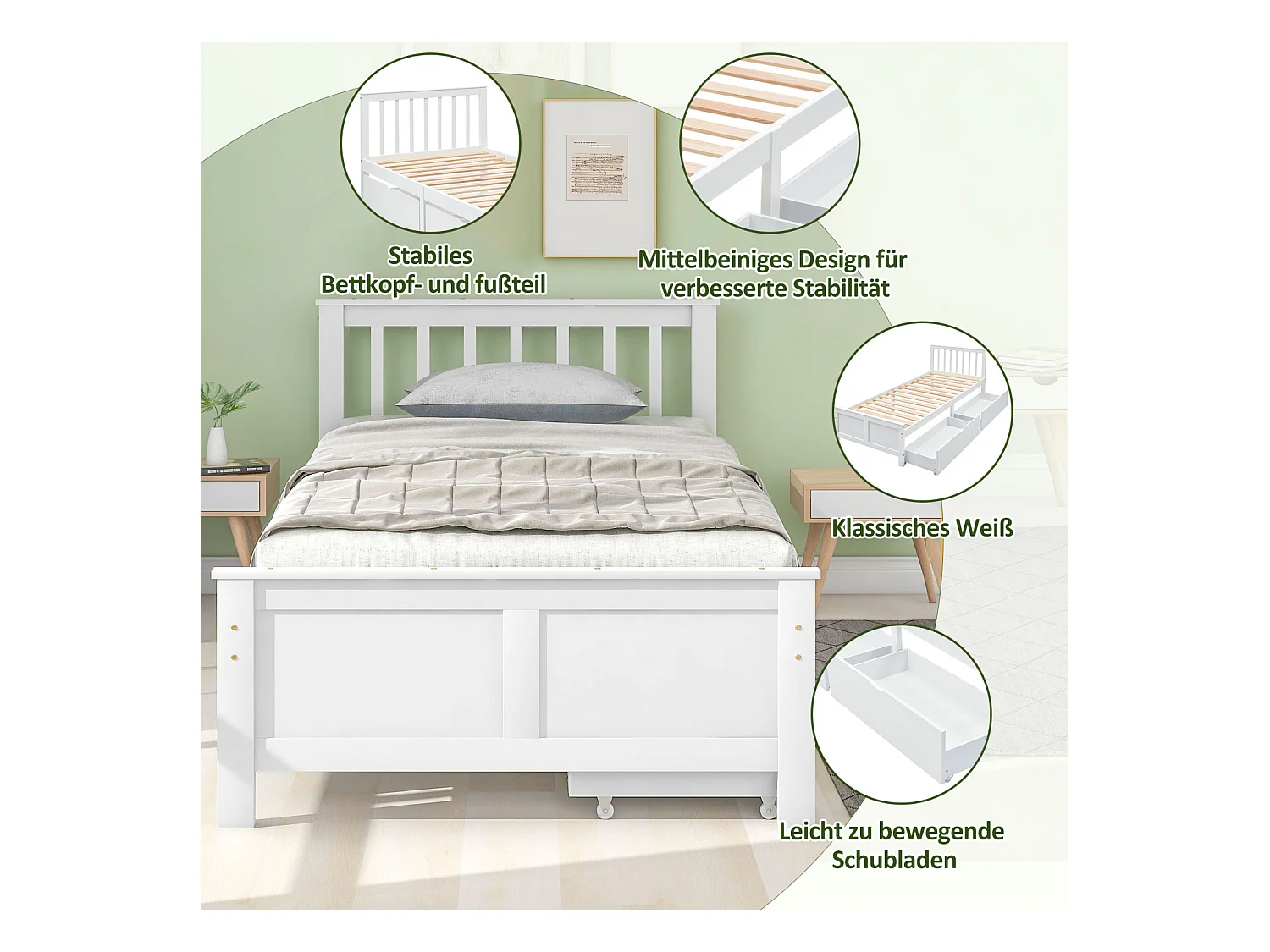 Cama individual de madera de pino blanco de 90x200 cm con cajones de almacenaje, cama infantil y para adultos, estructura robusta