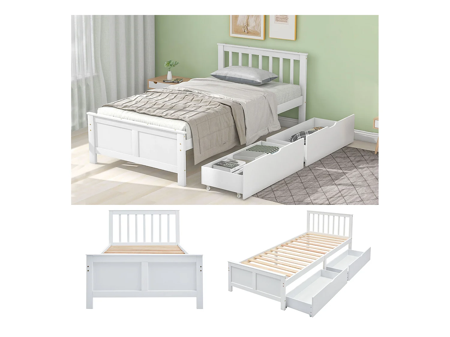 Cama individual de madera de pino blanco de 90x200 cm con cajones de almacenaje, cama infantil y para adultos, estructura robusta