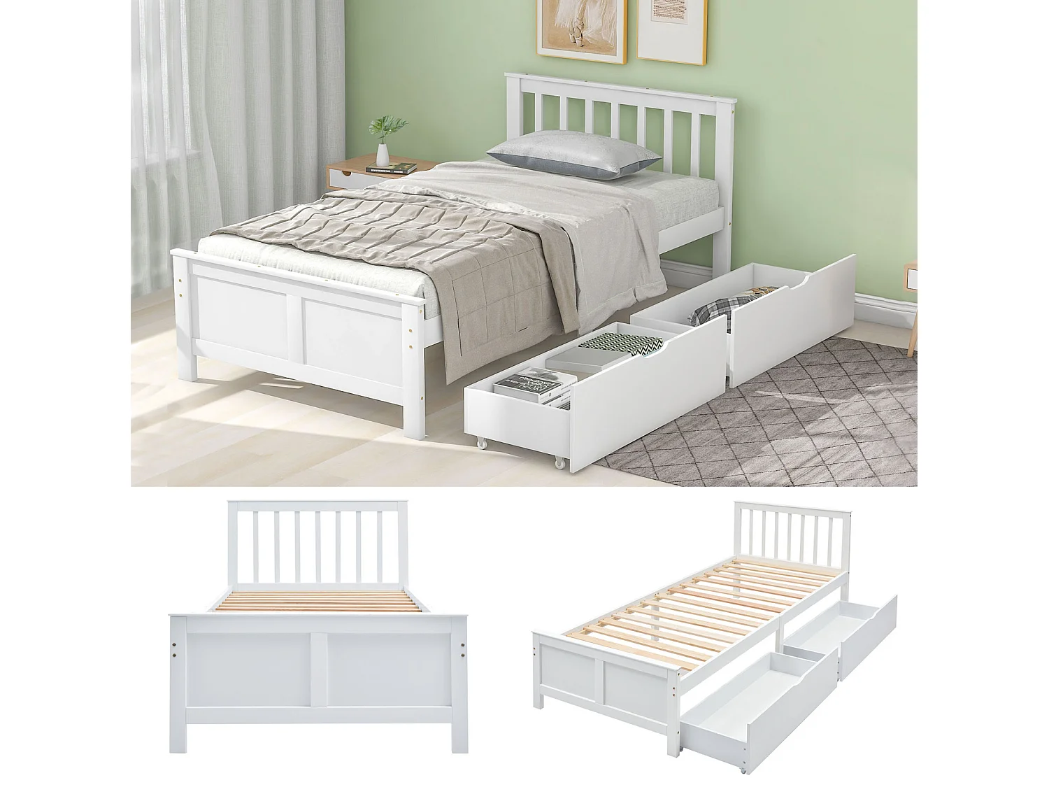 Lit simple bois pin blanc 90x200 cm avec tiroirs de rangement, lit junior et adulte, cadre robuste