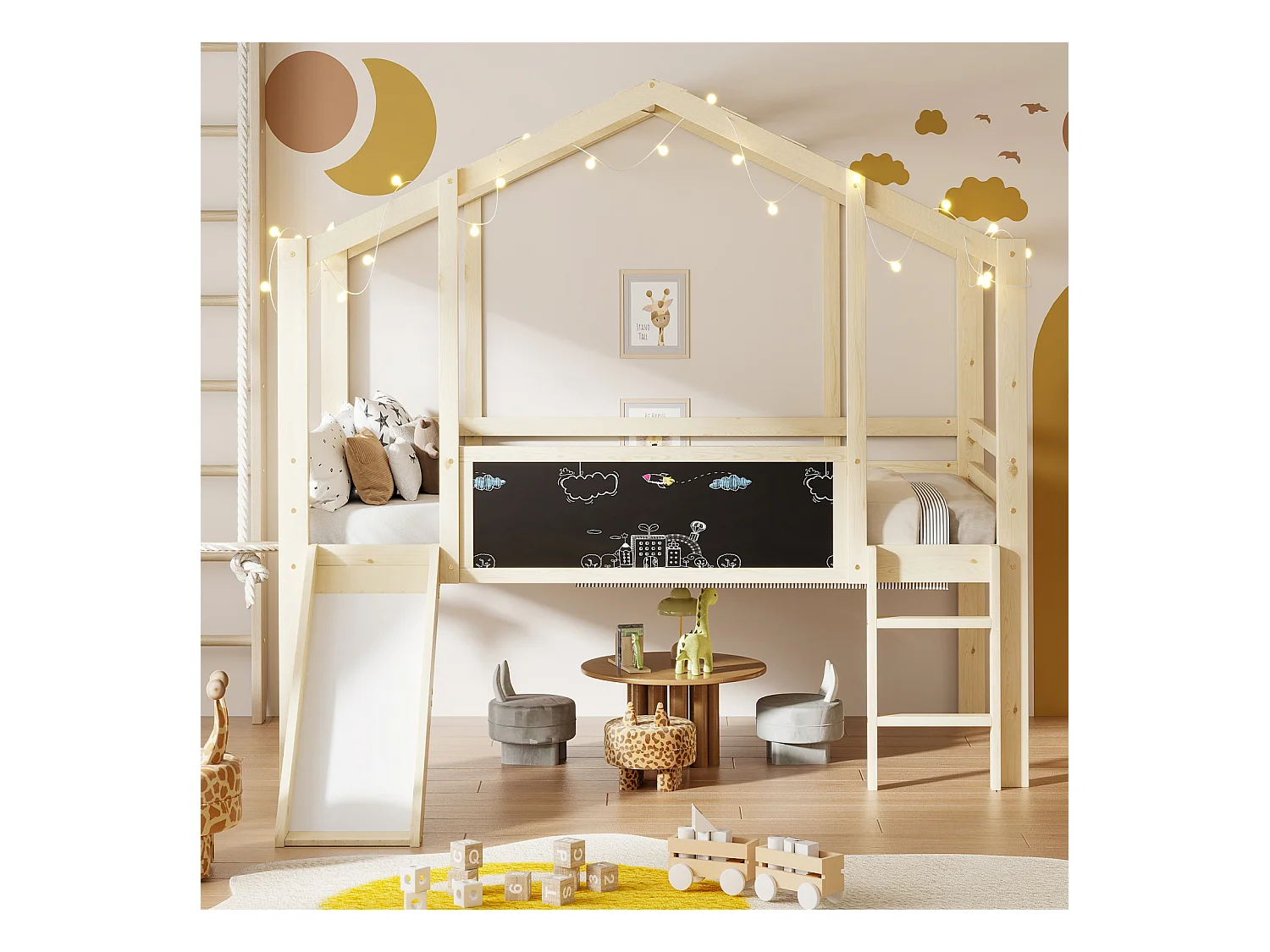 Cama alta infantil de 90x200 cm de madera maciza, diseño de cabina con tobogán, escalera de seguridad, tablero de grafiti multifuncional, acabado madera natural