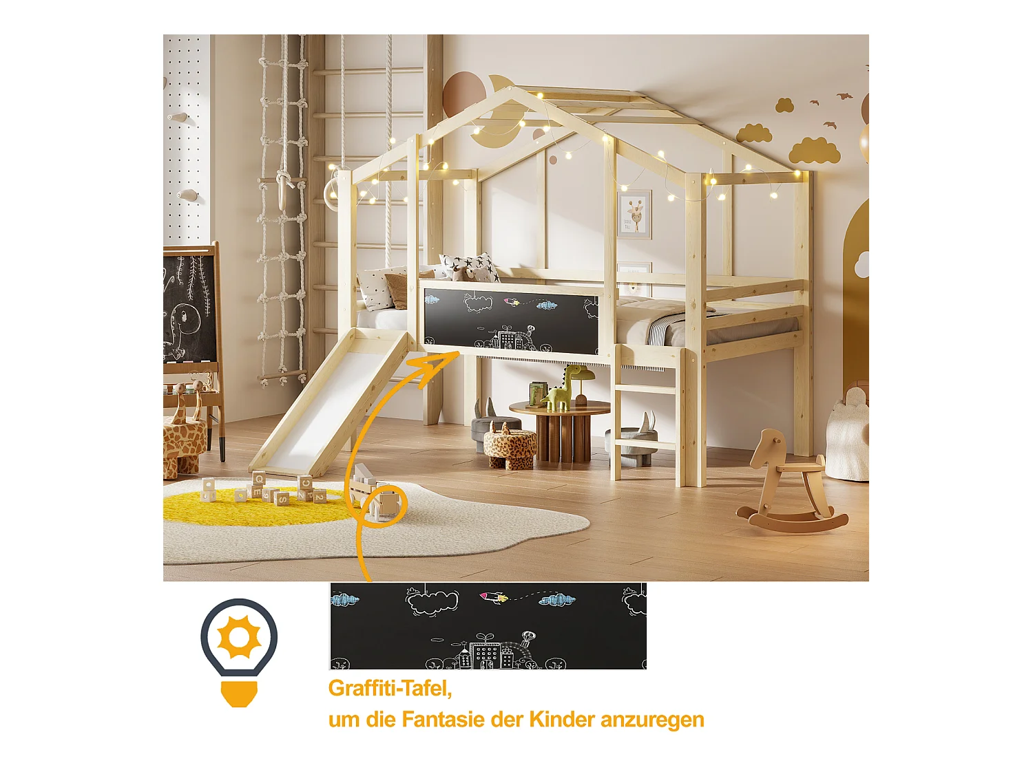 Cama alta infantil de 90x200 cm de madera maciza, diseño de cabina con tobogán, escalera de seguridad, tablero de grafiti multifuncional, acabado madera natural