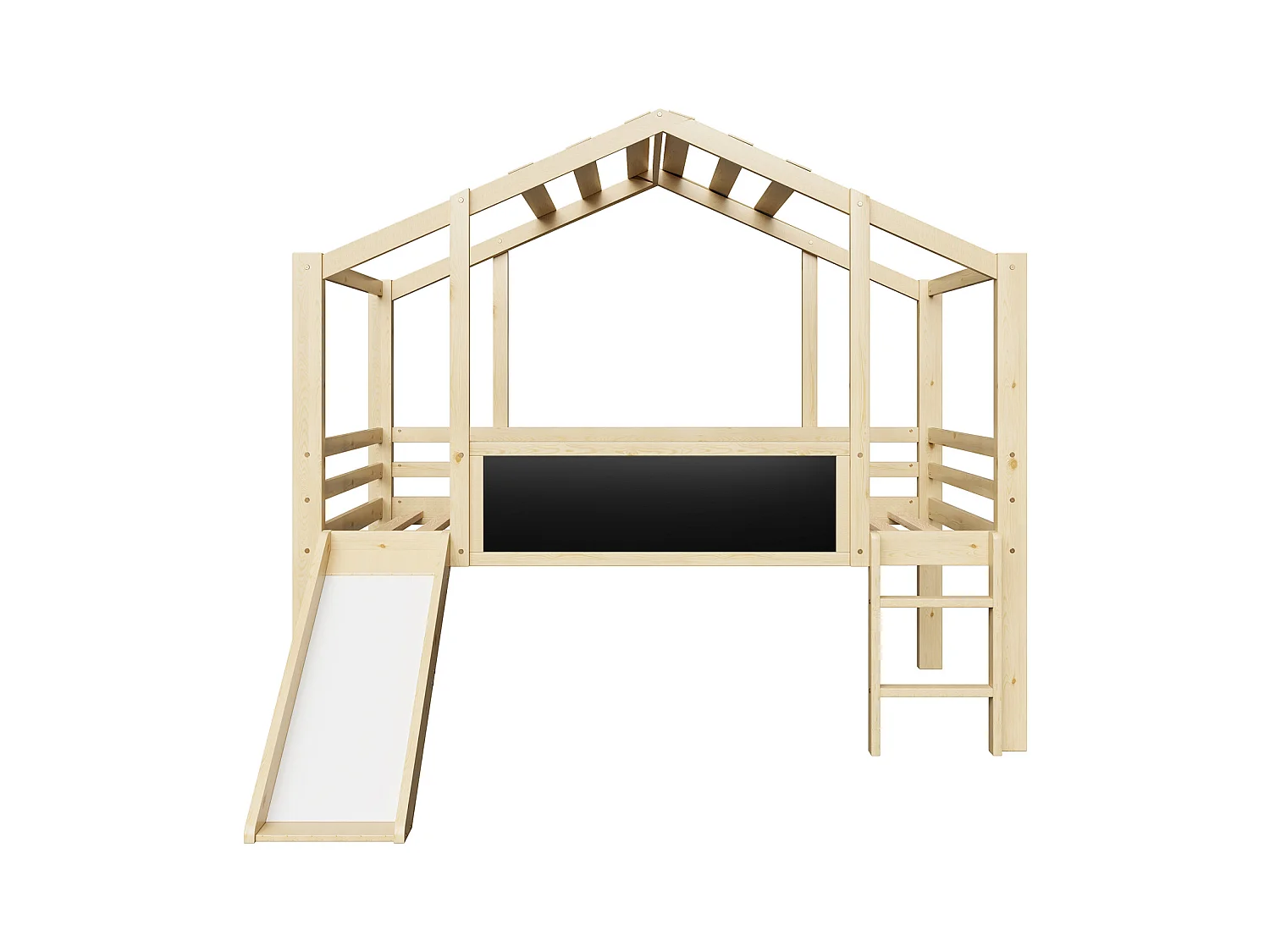 Cama alta infantil de 90x200 cm de madera maciza, diseño de cabina con tobogán, escalera de seguridad, tablero de grafiti multifuncional, acabado madera natural