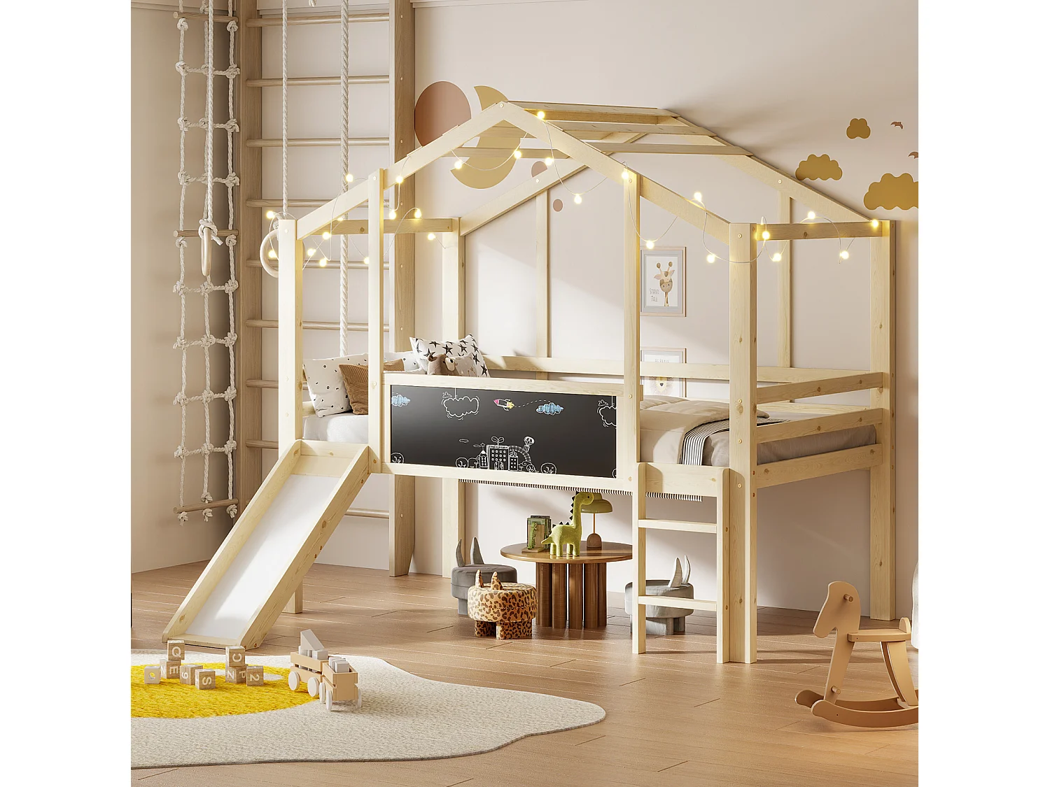 Lit mezzanine enfant 90x200 cm bois massif, design cabane avec toboggan, échelle sécurisée, tableau graffiti multifonction, finition bois naturel