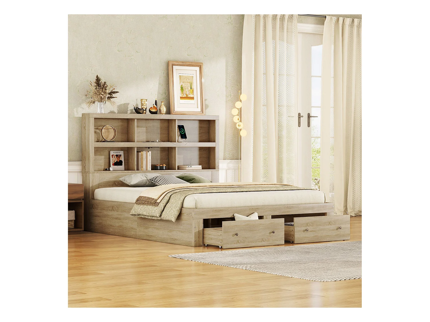 Doppelbett 160x200 cm MDF-Platte, Kingsize-Plattformbett mit 2 Schubladen am Fußende, Kopfteil mit Stauraum, Natur-Finish