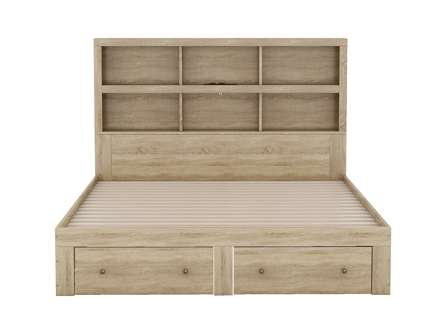 Doppelbett 160x200 cm MDF-Platte, Kingsize-Plattformbett mit 2 Schubladen am Fußende, Kopfteil mit Stauraum, Natur-Finish