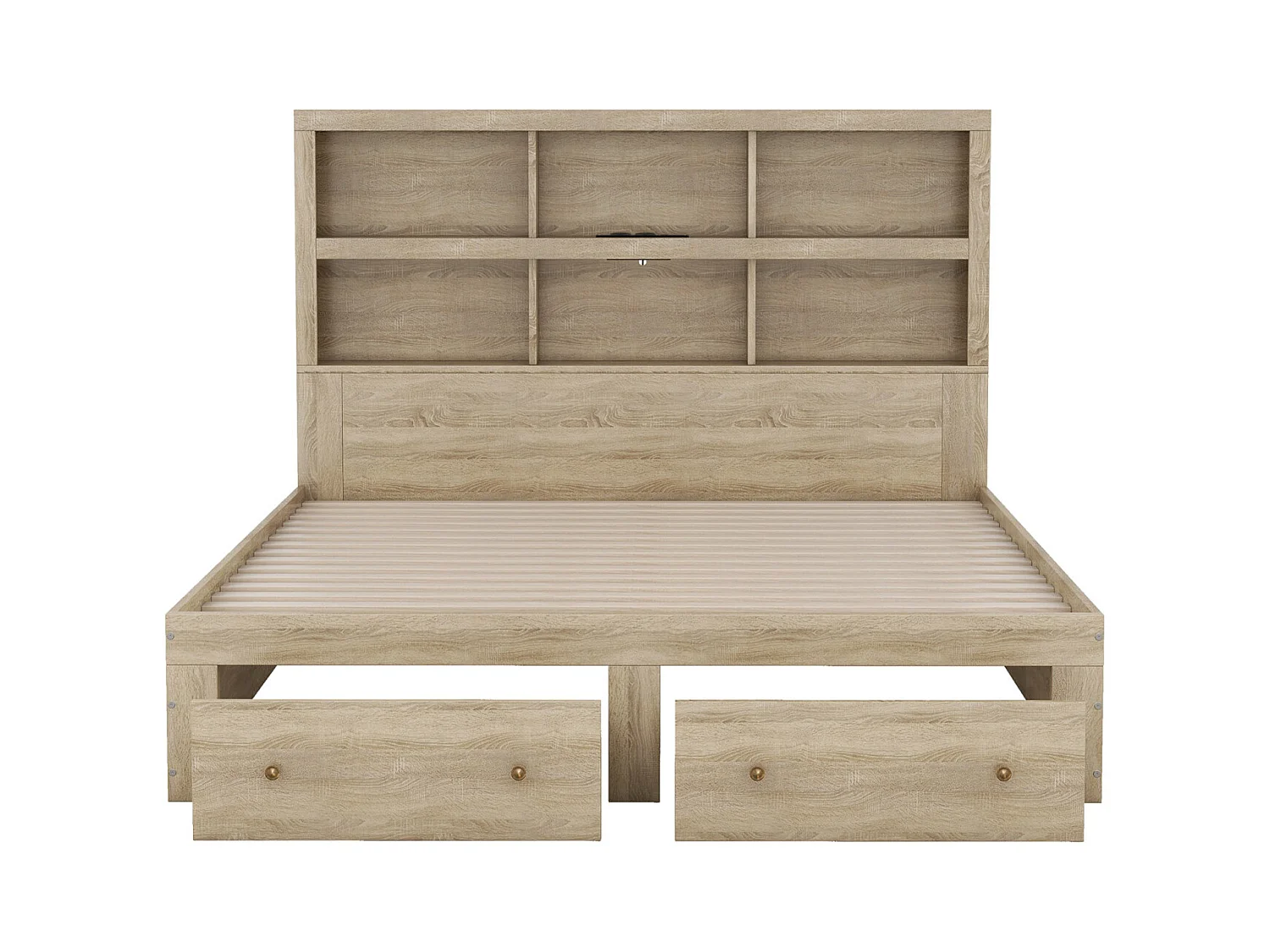 Doppelbett 160x200 cm MDF-Platte, Kingsize-Plattformbett mit 2 Schubladen am Fußende, Kopfteil mit Stauraum, Natur-Finish