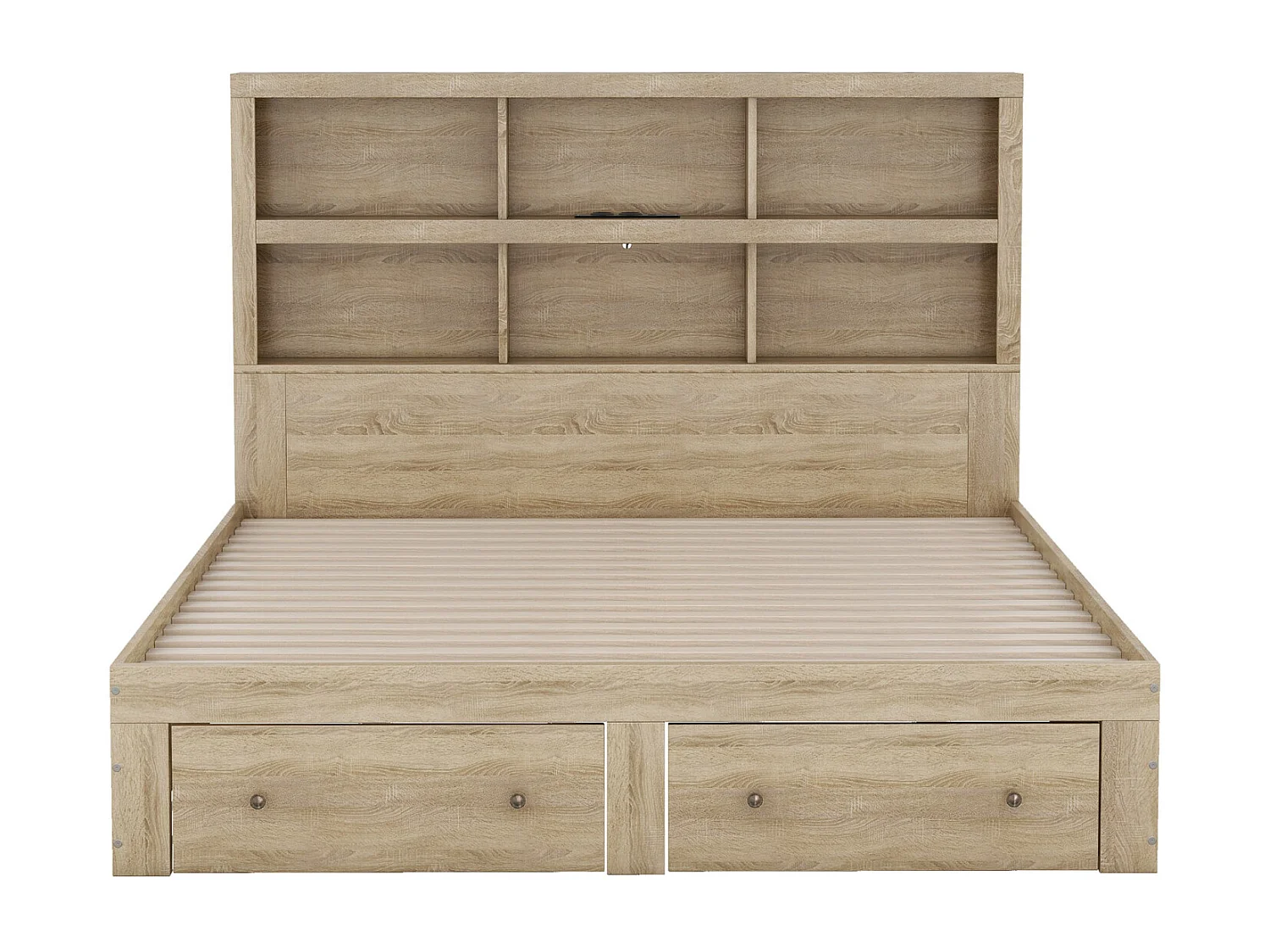 Lit double 160x200 cm panneau MDF, lit plateforme king size avec 2 tiroirs au pied, tête de lit avec rangement, finition naturelle