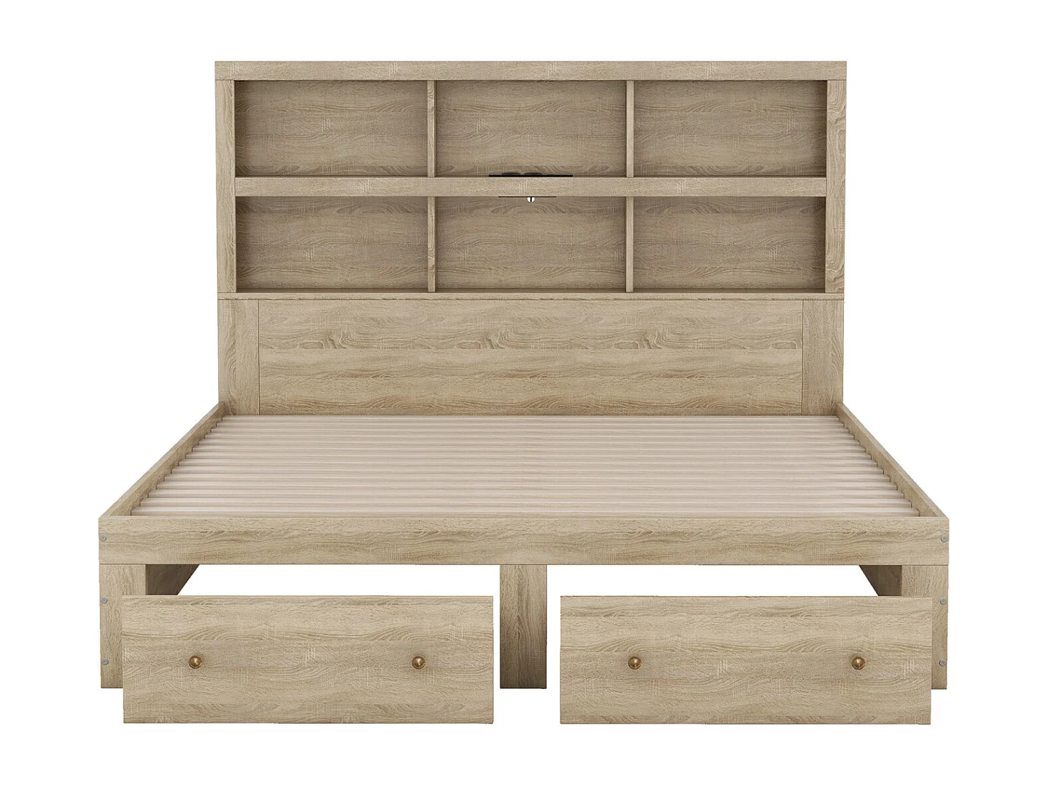 Lit double 160x200 cm panneau MDF, lit plateforme king size avec 2 tiroirs au pied, tête de lit avec rangement, finition naturelle