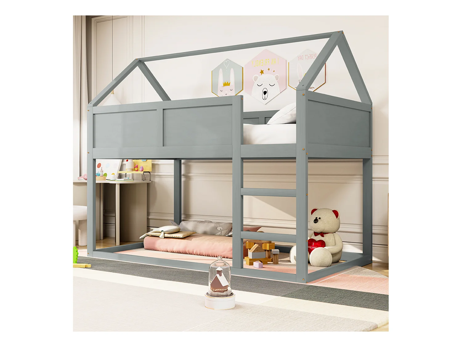 Litera infantil de 90x200 cm, cama individual baja, cama alta con escalera, estructura de madera maciza, color gris.